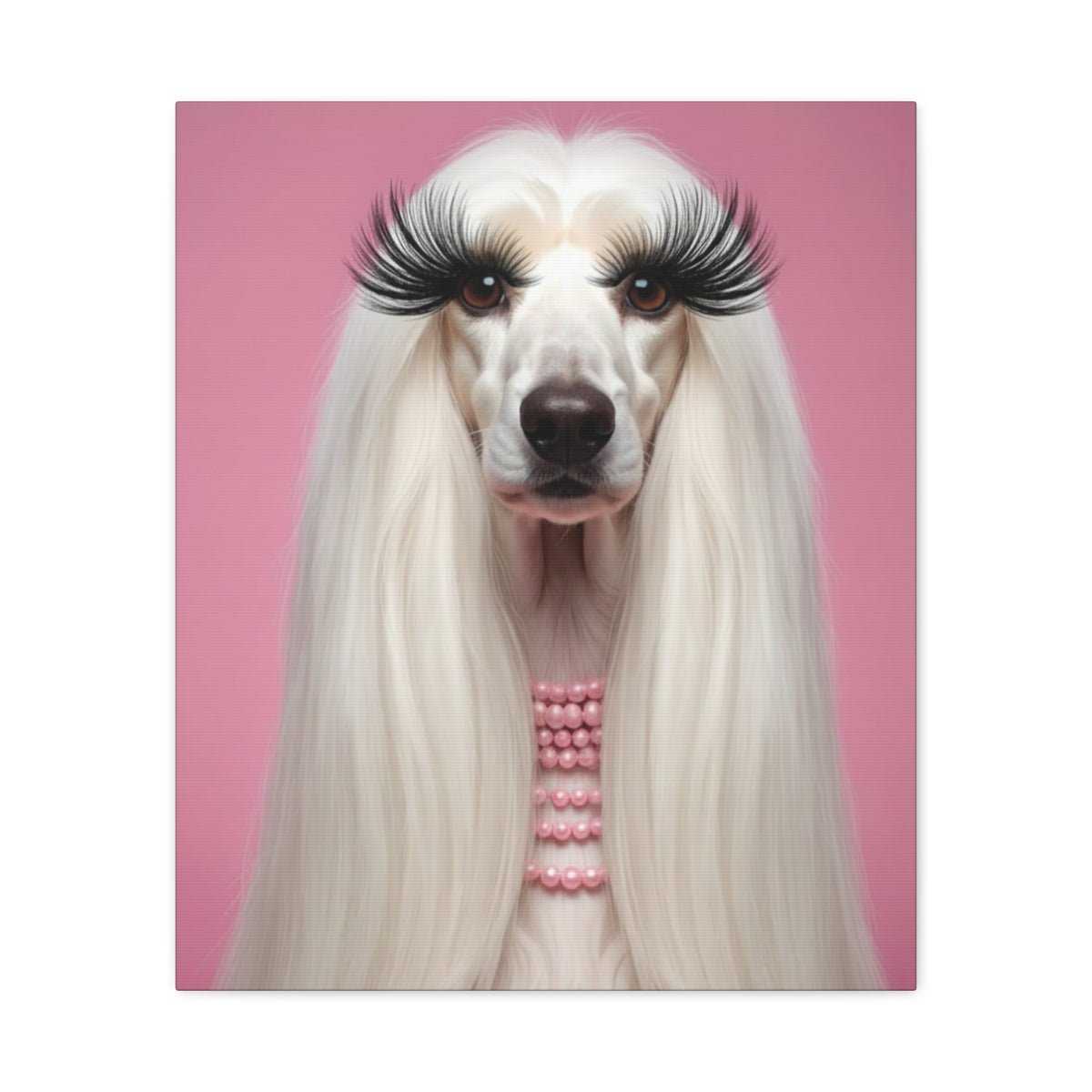 Glam Afghan Hound Canvas Print — Pink Portrait with Lashes & Pearls - Chunique Chihuahuas