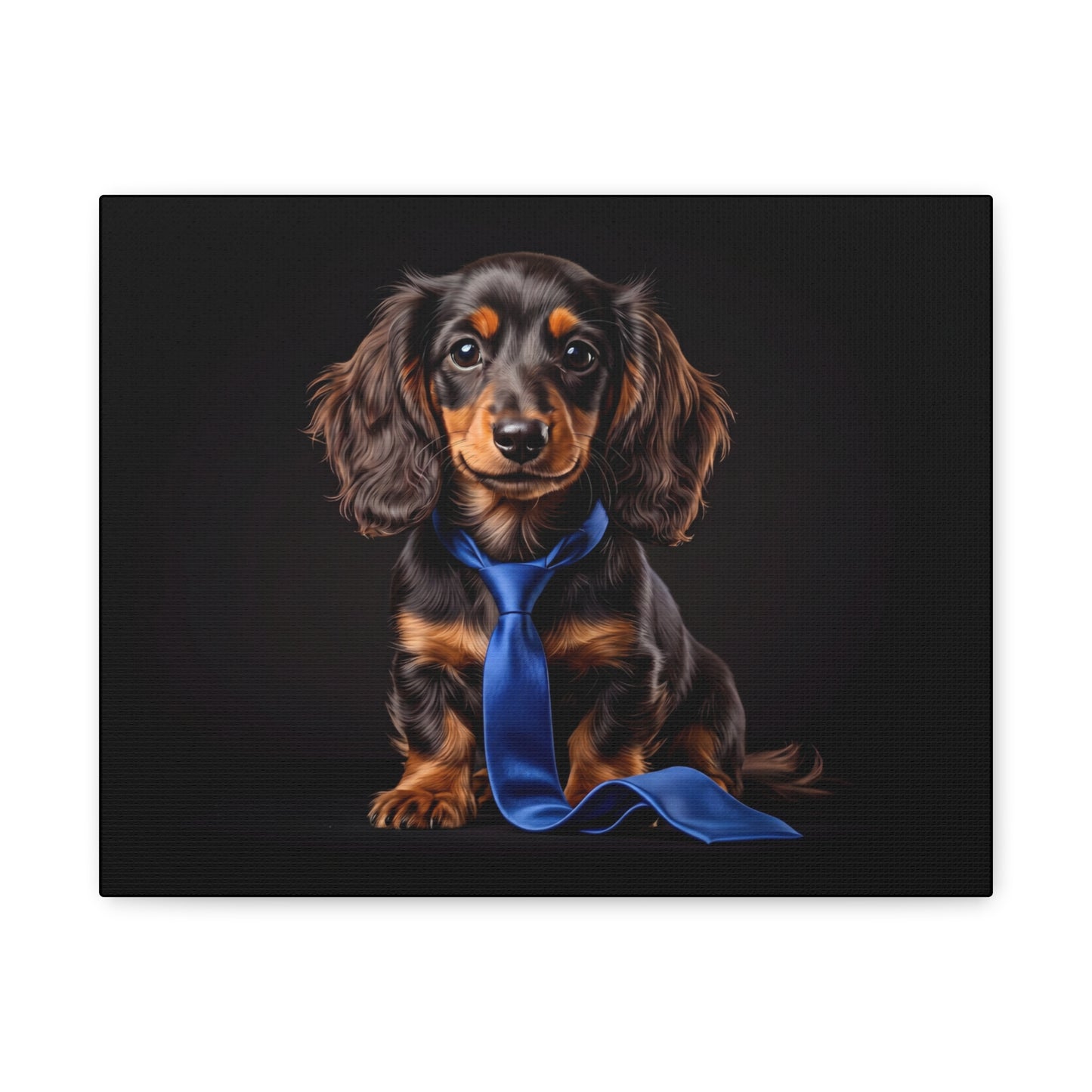 Dachshund wearing a blue bow tie on a black background