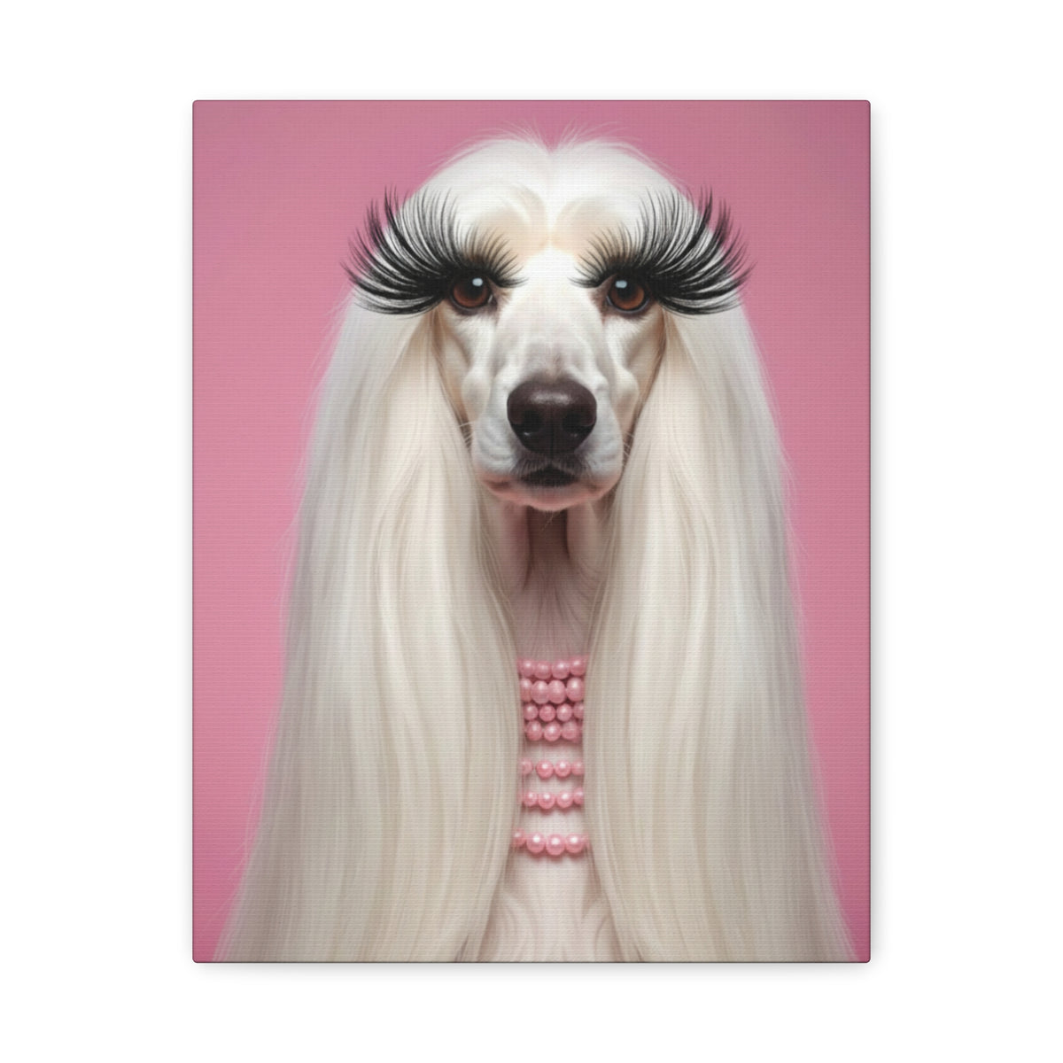 Glam Afghan Hound Canvas Print — Pink Portrait with Lashes & Pearls - Chunique Chihuahuas