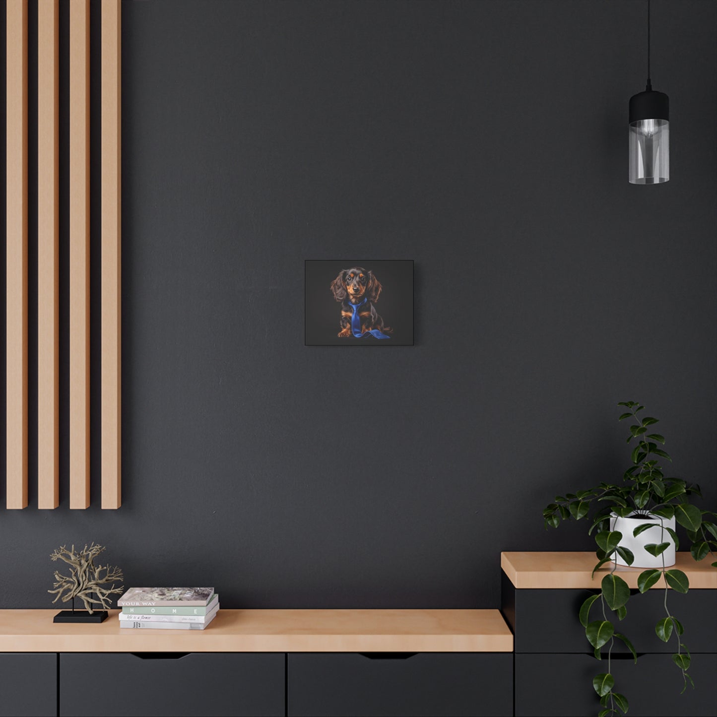 Modern interior with a dark wall, wooden shelves, and a plant.
