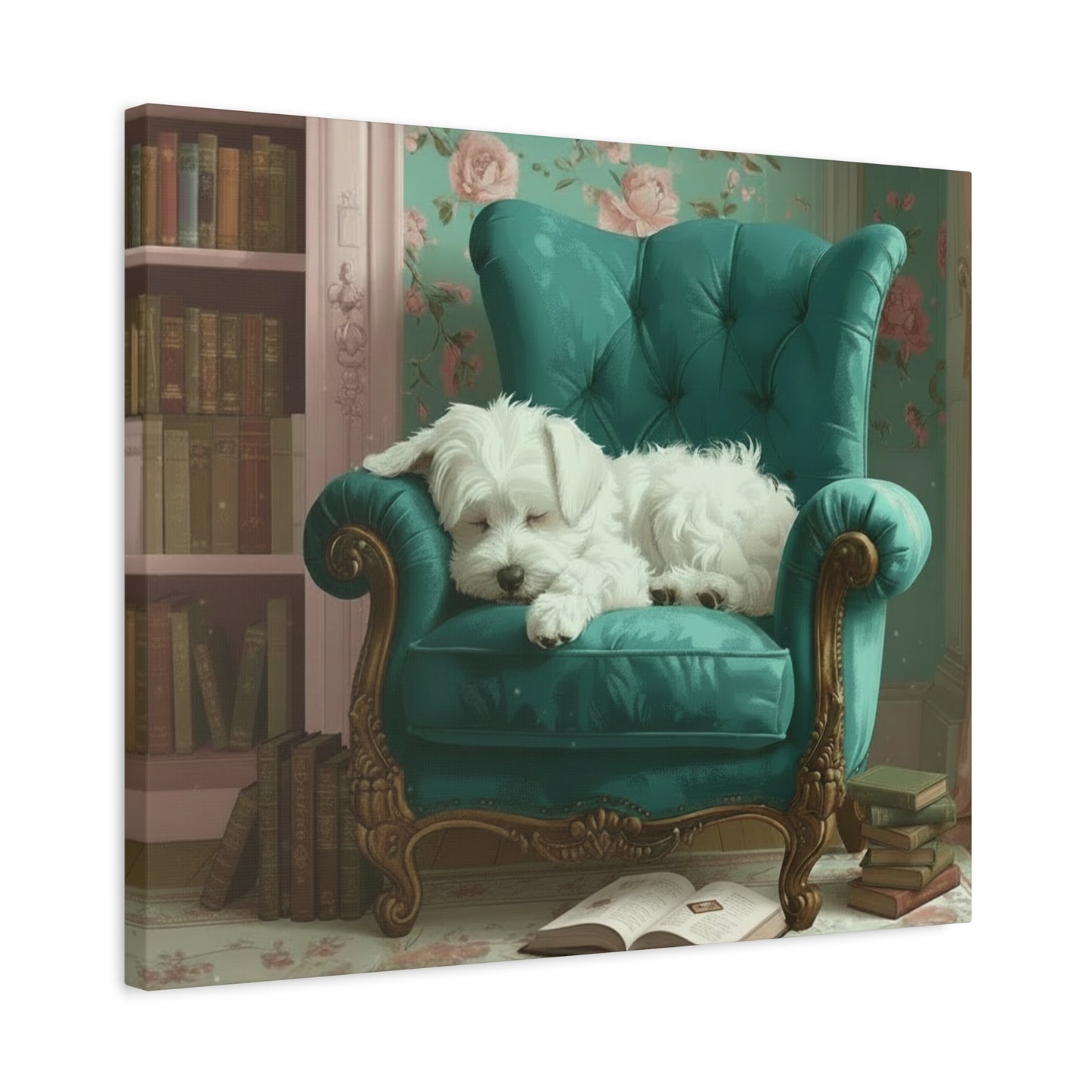 White dog lying on a teal armchair in a room with floral wallpaper and bookshelves.