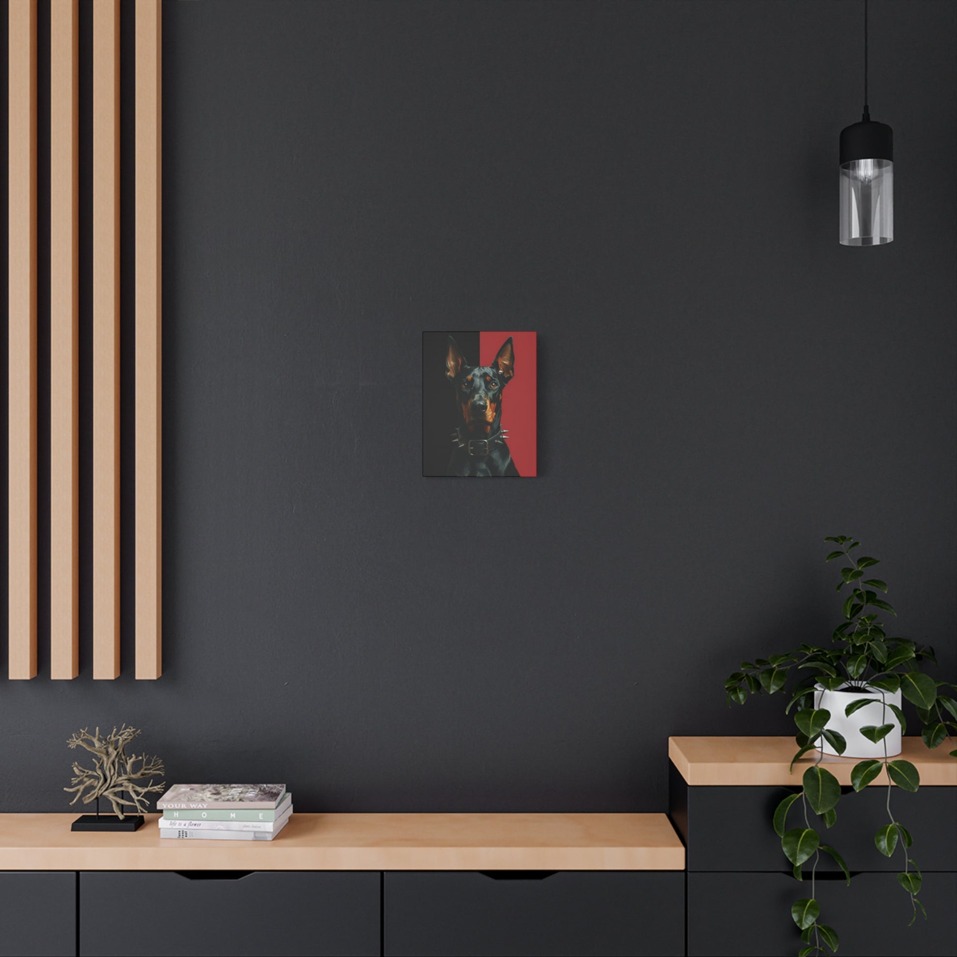 Modern interior with a dark wall, wooden shelf, and decorative items.