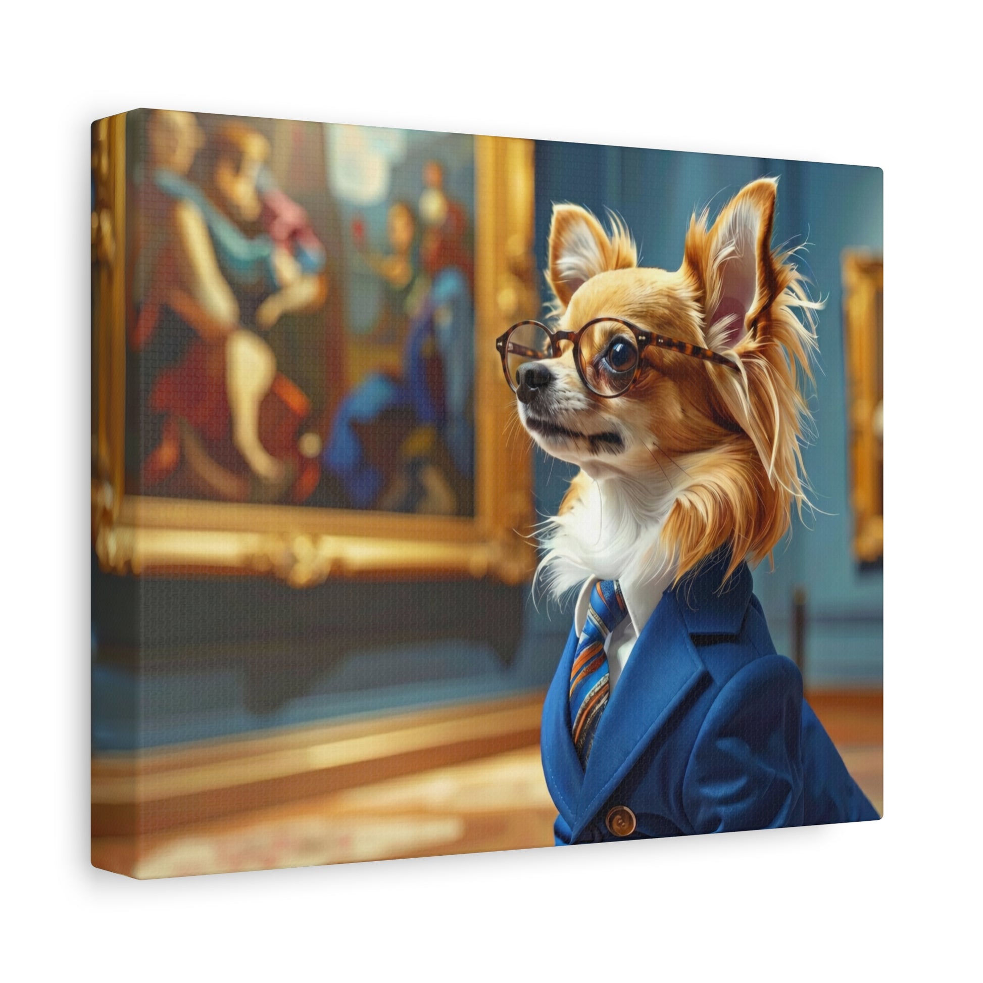 A Chihuahua in a suit and glasses looking at art.