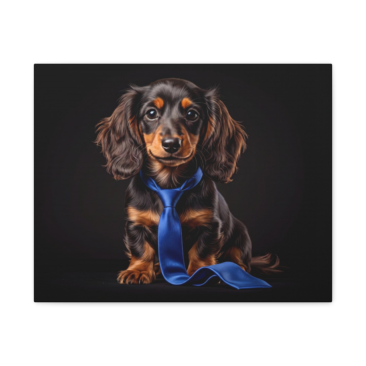 Dachshund wearing a blue tie on a black background