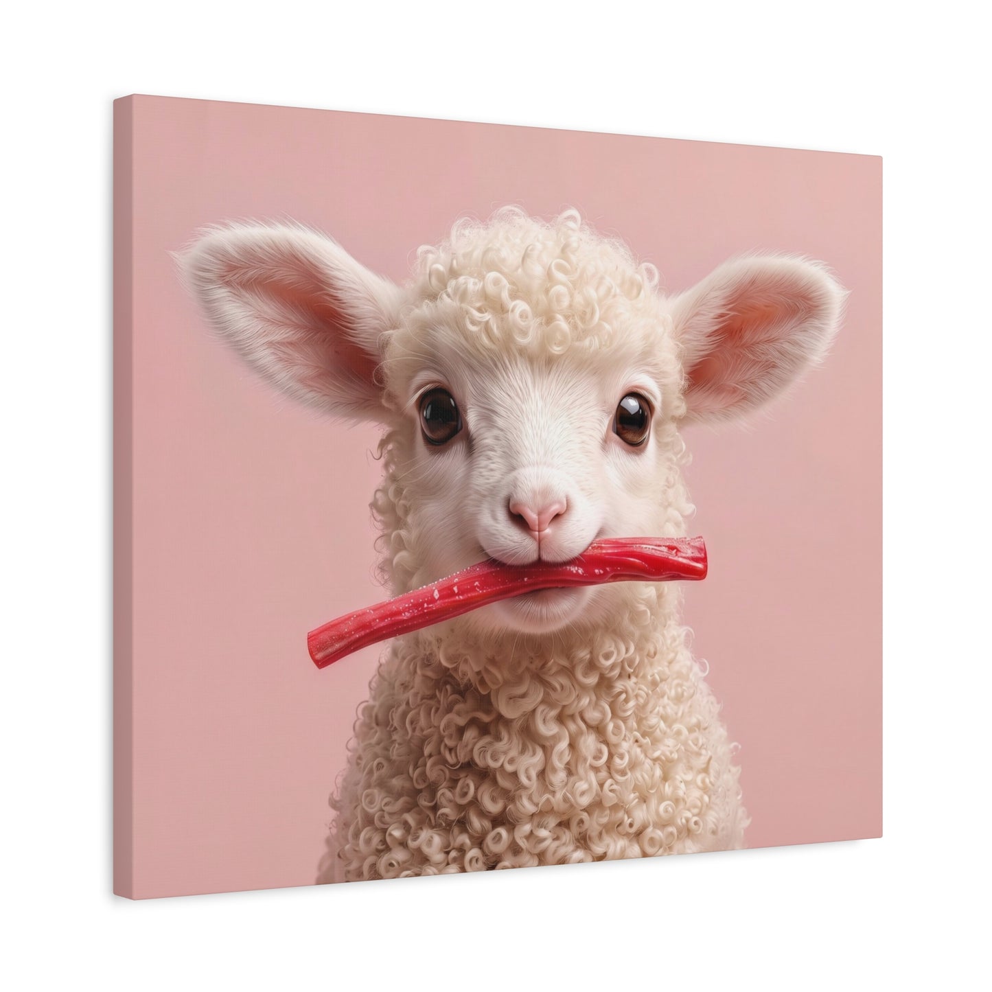 Cute Lamb Canvas Wall Art - Adorable Lamb with Red Candy on Pink Matte Stretched Canvas - Chunique Chihuahuas