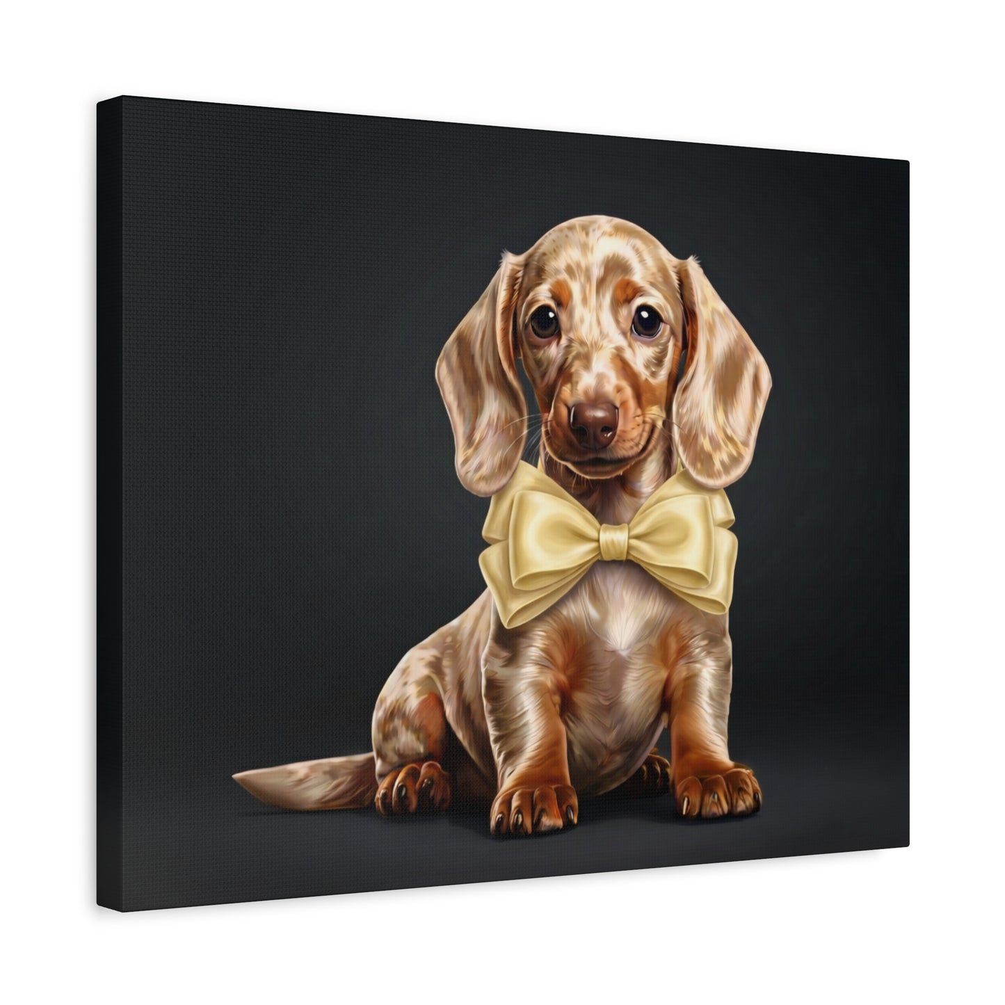 Canvas print of a dachshund wearing a yellow bow tie on a black background