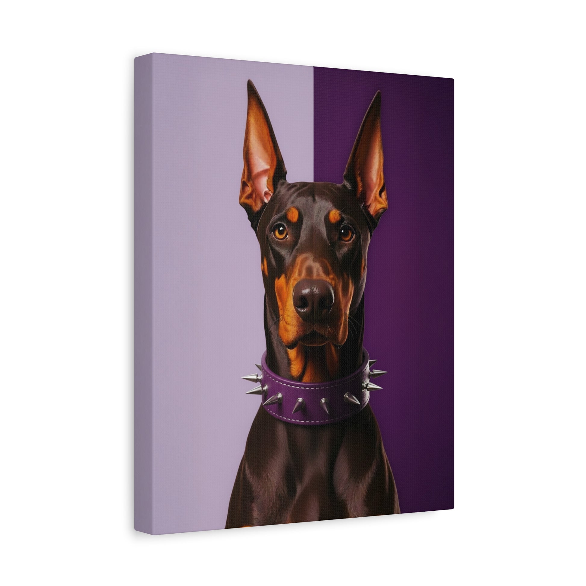 Canvas print of a Doberman with a purple collar on a purple background