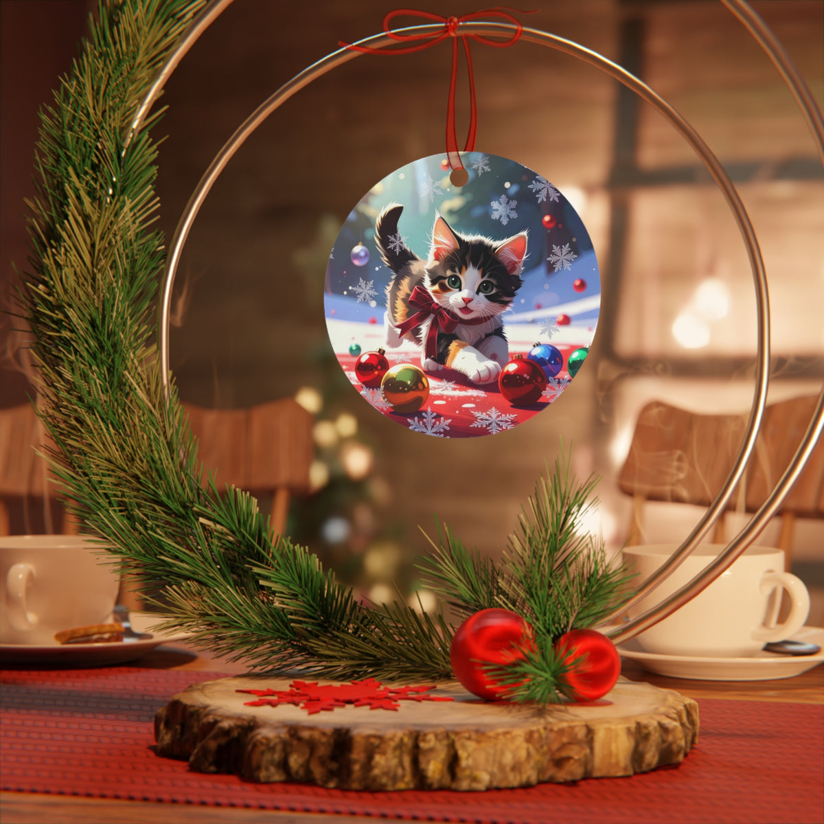 Cute Christmas Kitten Metal Ornament – Holiday Cat Decoration