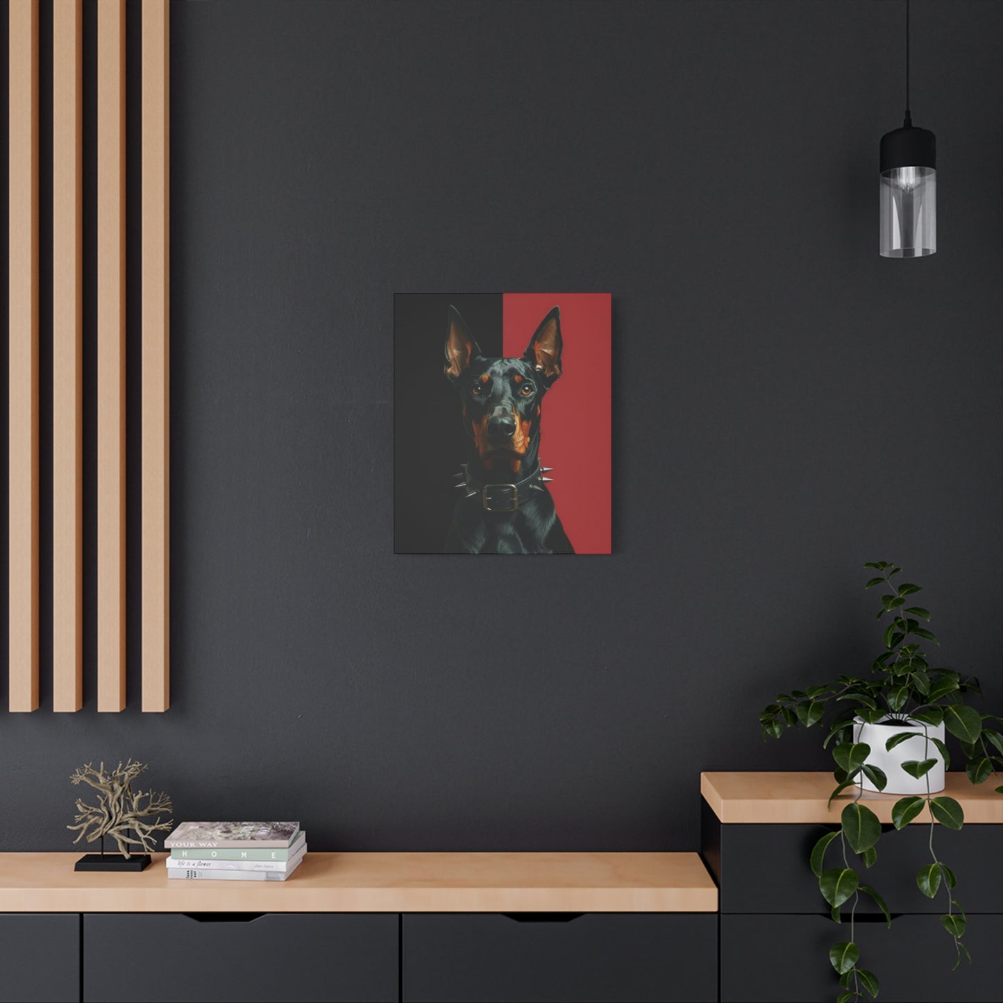 Modern interior with a painting of a dog on a dark wall, wooden shelf, and plant.
