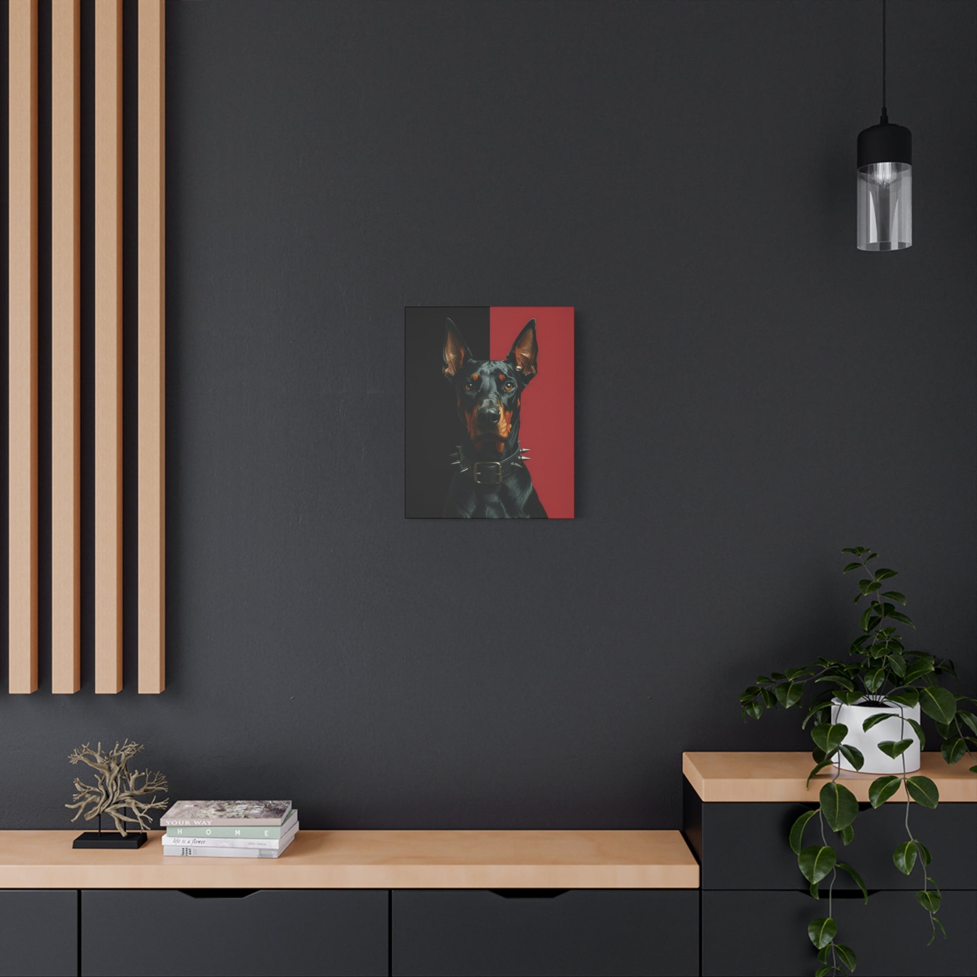 Modern interior with a dark wall, wooden shelf, and plant