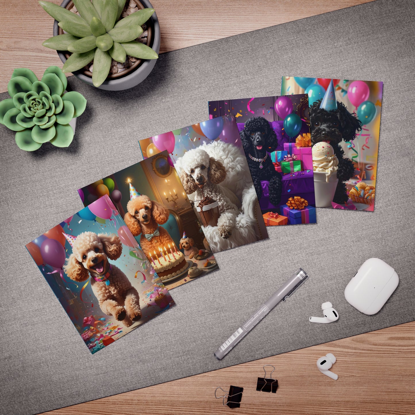 Poodle Birthday Greeting Cards — 5-Pack Assorted Party Card Set