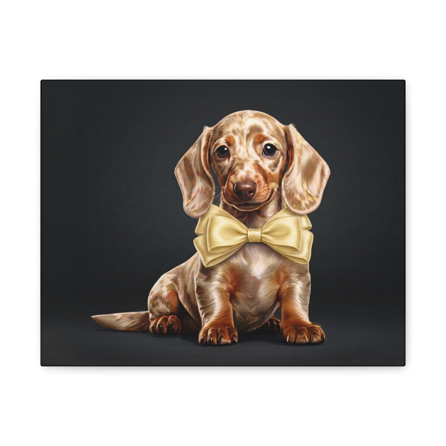 Dachshund puppy wearing a yellow bow tie on a black background
