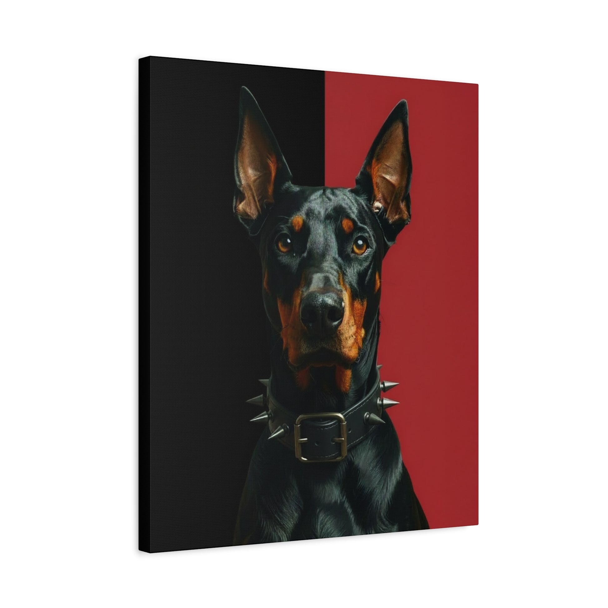 Canvas print of a Doberman dog with a black and red background