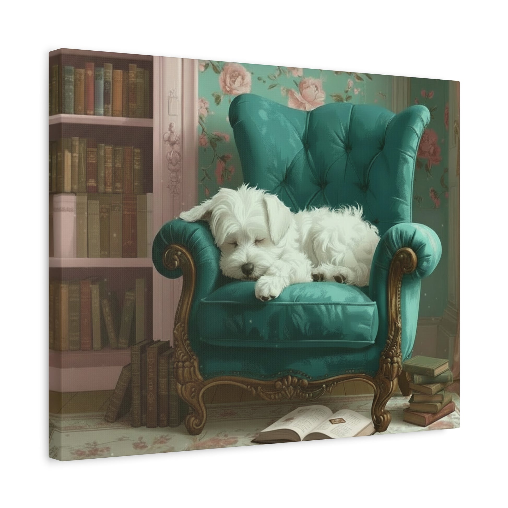 White dog on a teal armchair in a room with books and floral wallpaper