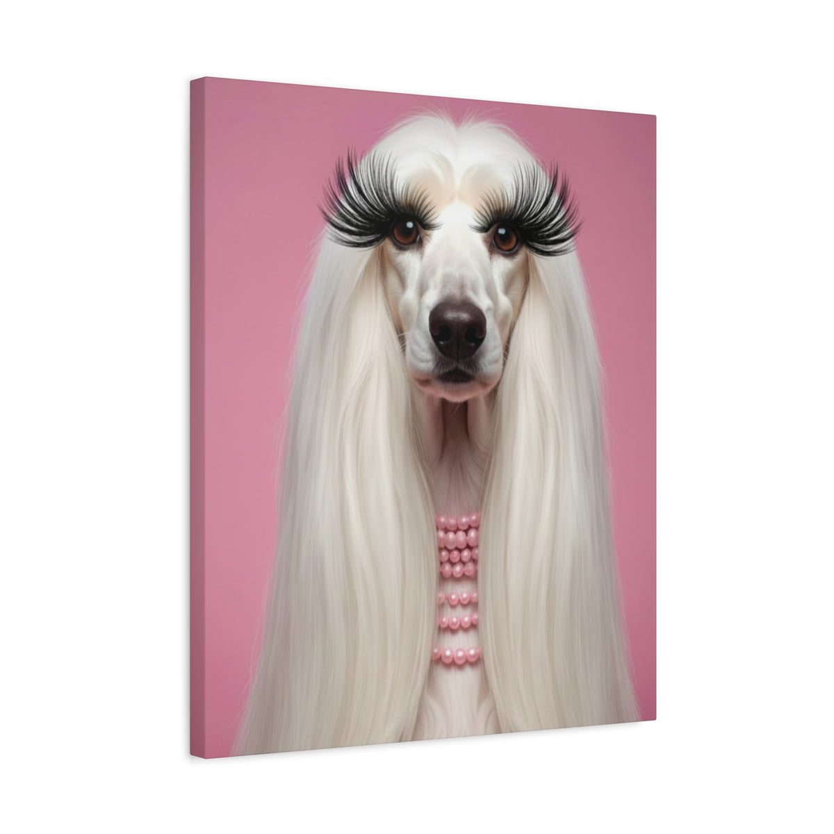 Glam Afghan Hound Canvas Print — Pink Portrait with Lashes & Pearls - Chunique Chihuahuas