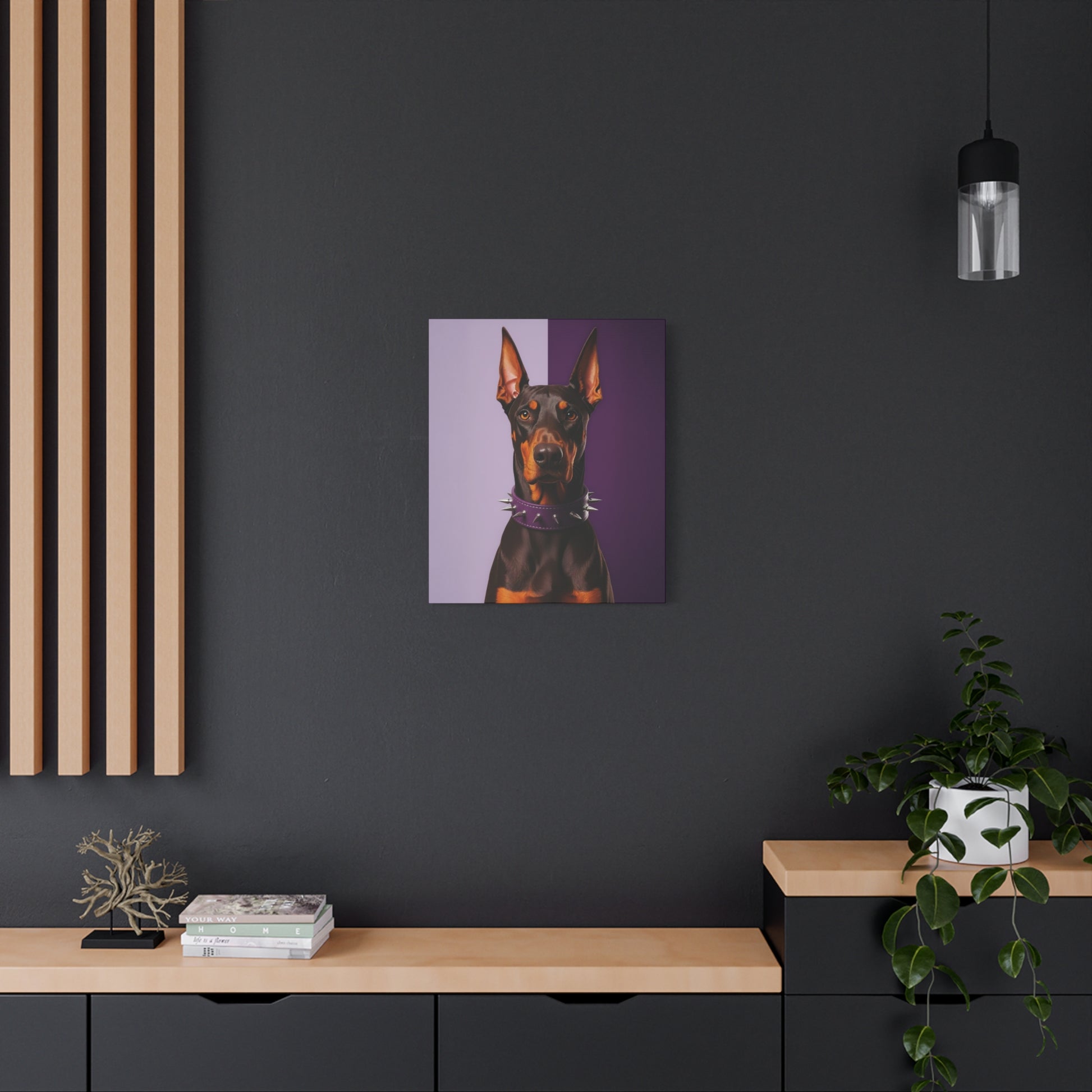 Canvas print of a dog on a purple background in a modern interior setting.