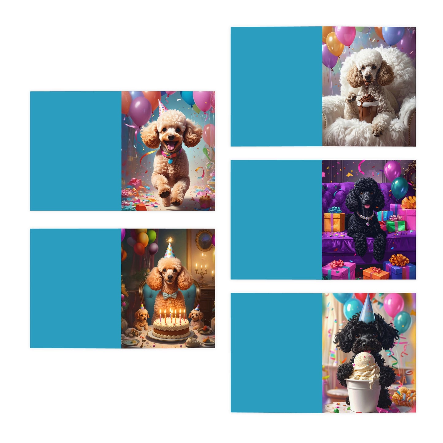 Poodle Birthday Greeting Cards — 5-Pack Assorted Party Card Set