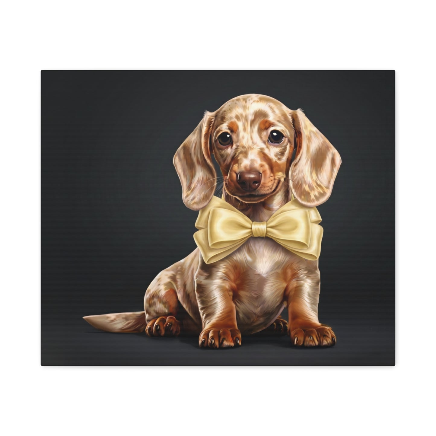 Dachshund puppy wearing a yellow bow tie on a black background