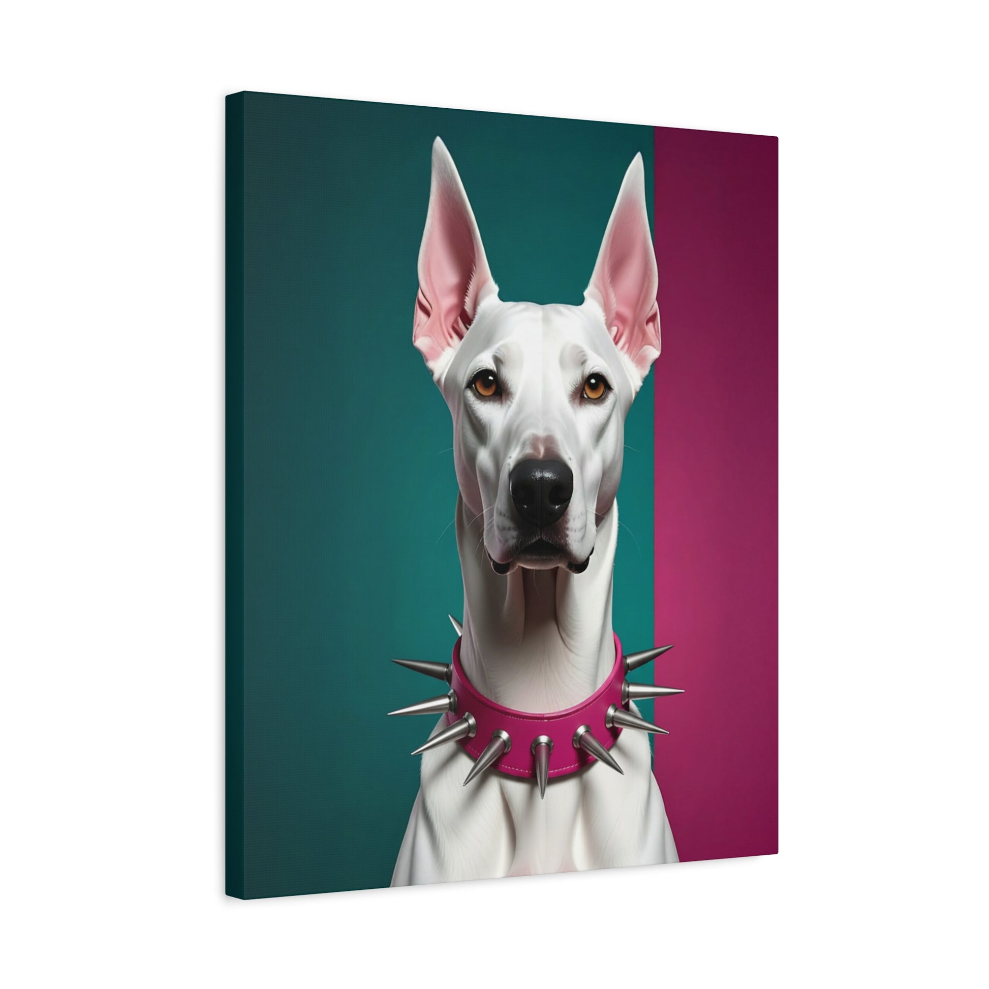 Canvas print of a dog with a spiked collar on a green and pink gradient background