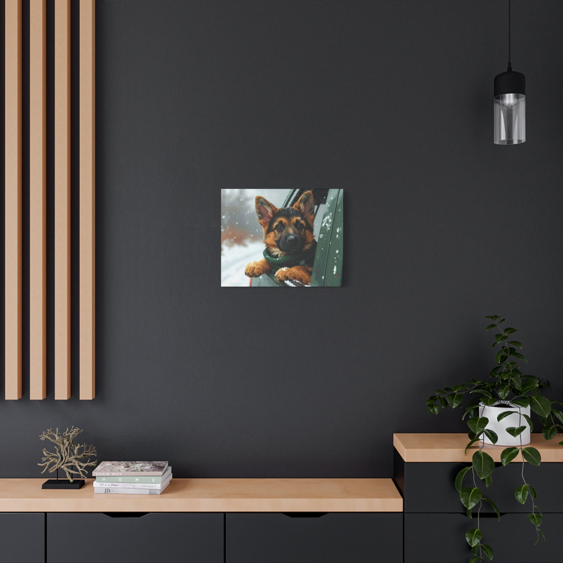 Framed picture of a dog on a dark wall with wooden shelves and decor.