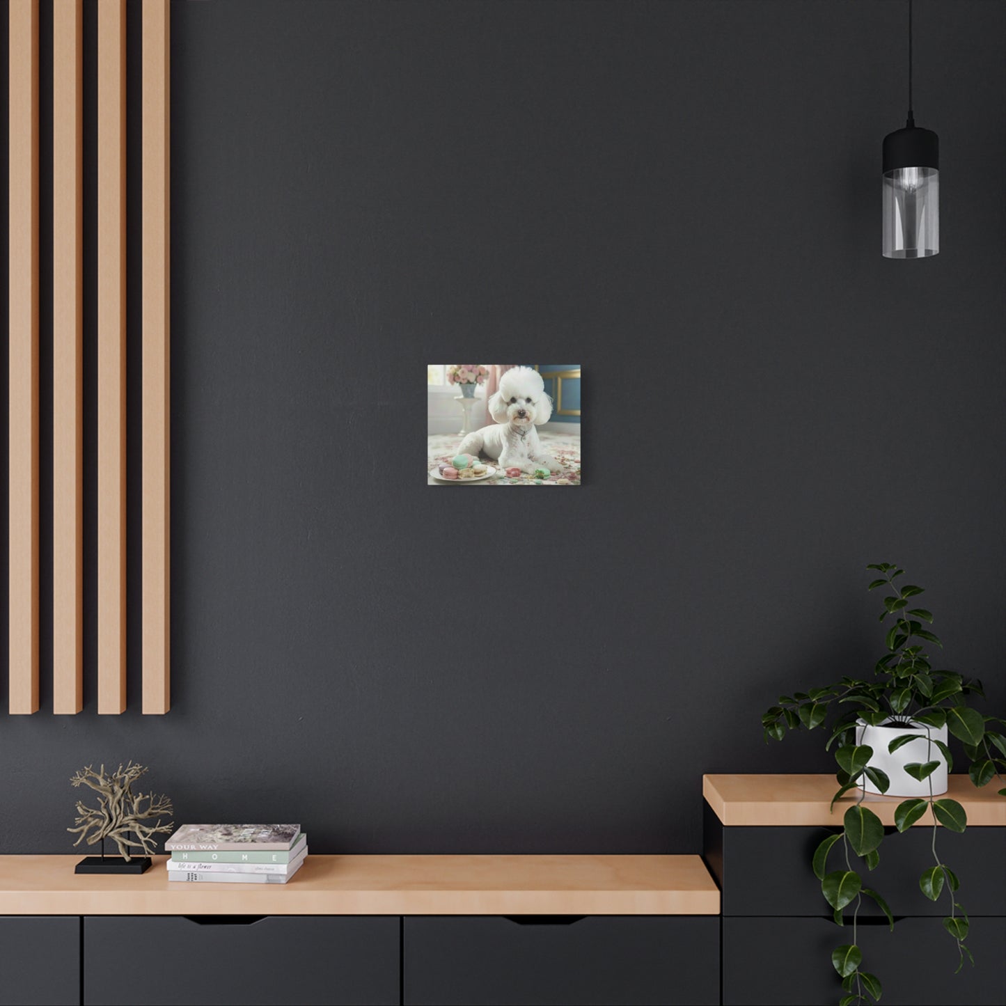 Modern interior with a dark wall, wooden shelves, and a painting.