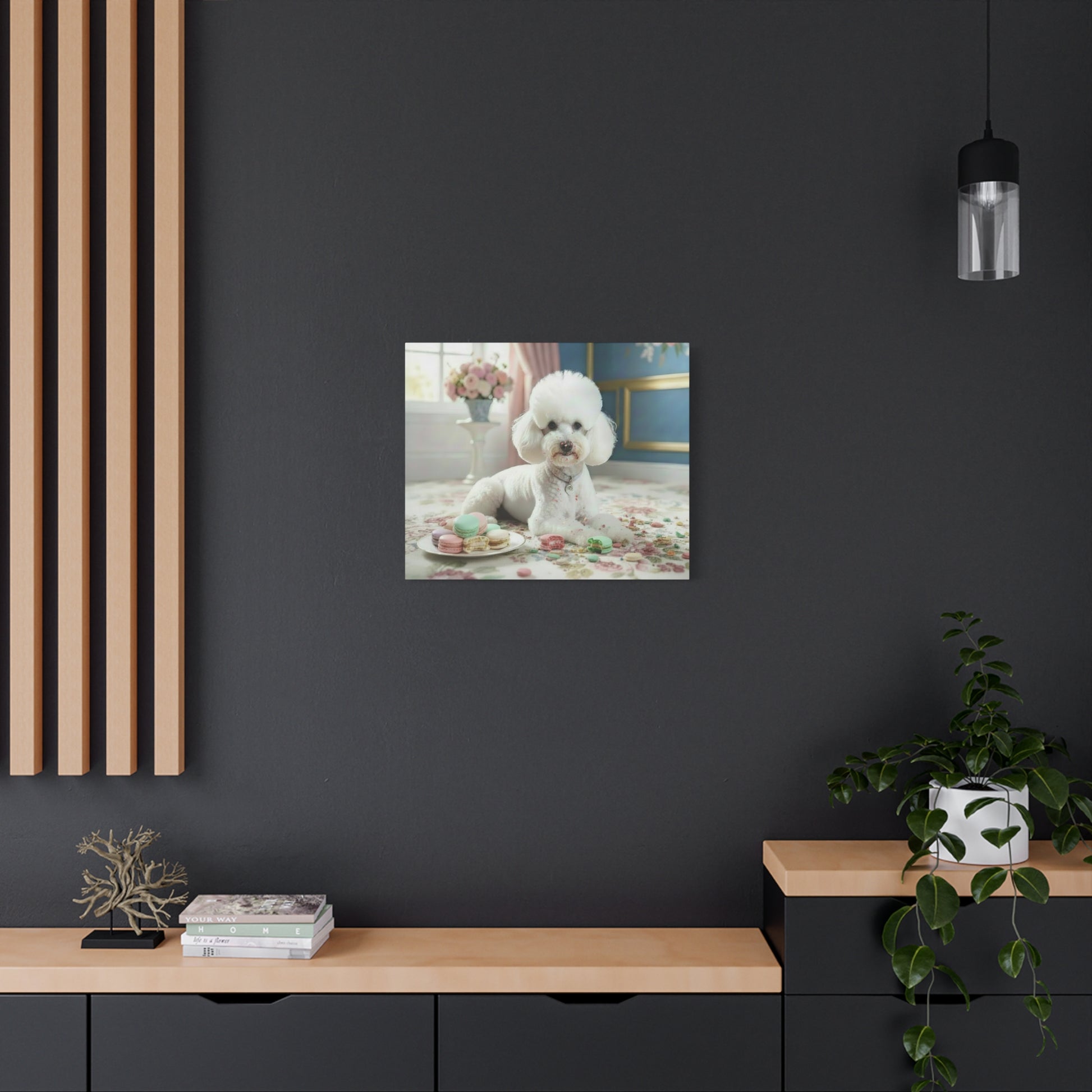 White dog on a rug with a colorful background, framed as wall art on a dark wall.