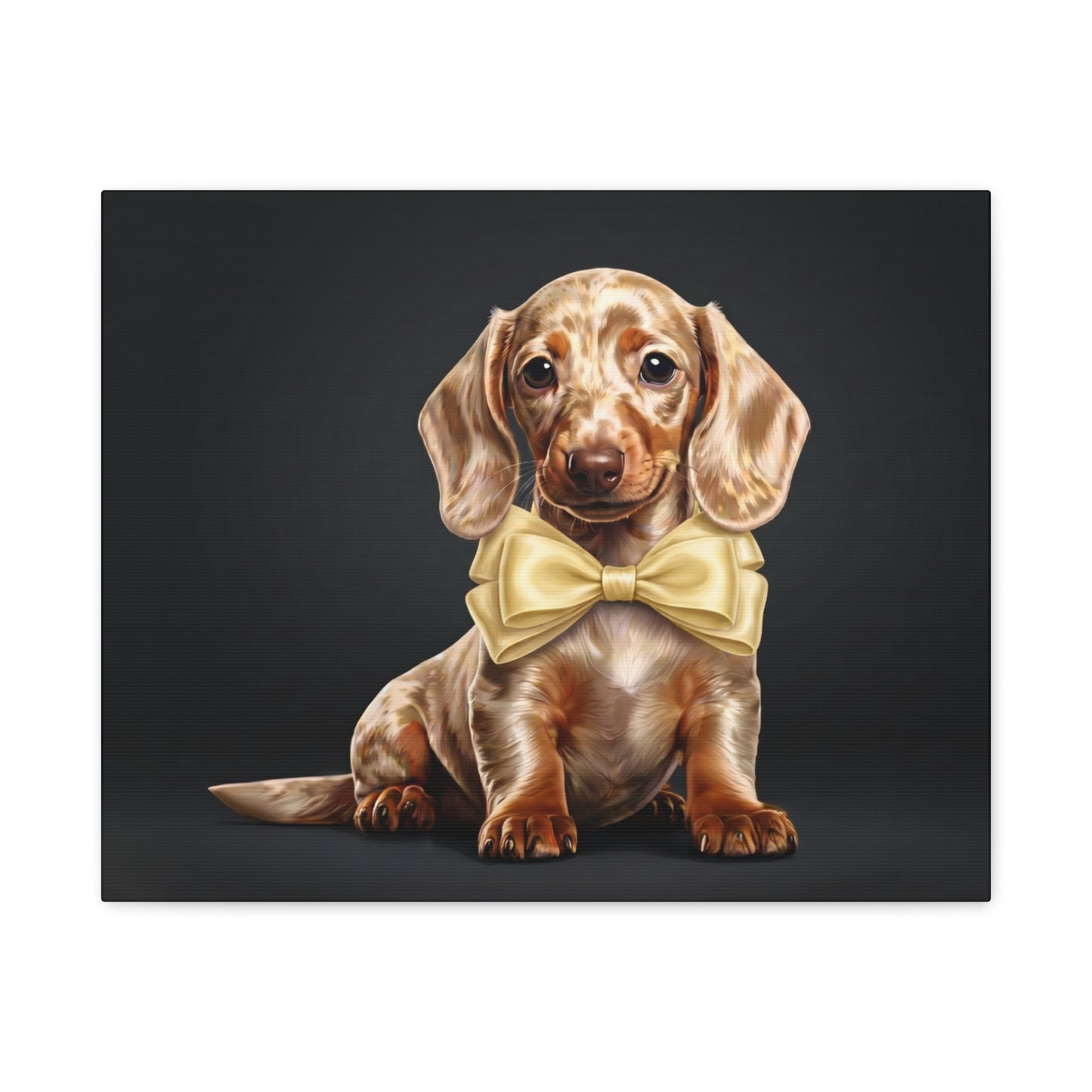 Dachshund puppy wearing a yellow bow tie on a black background