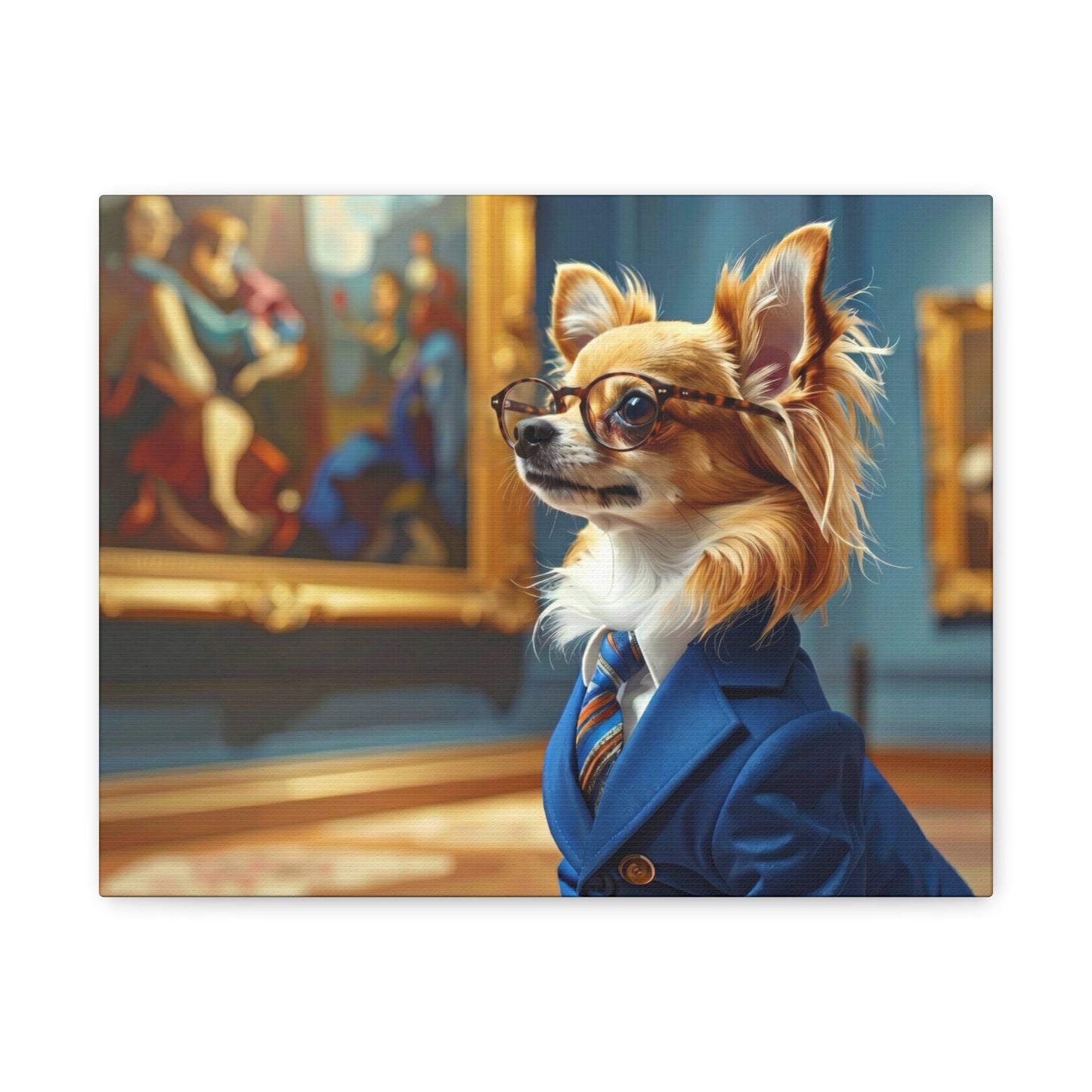 A Chihuahua in a suit and glasses looking at art.