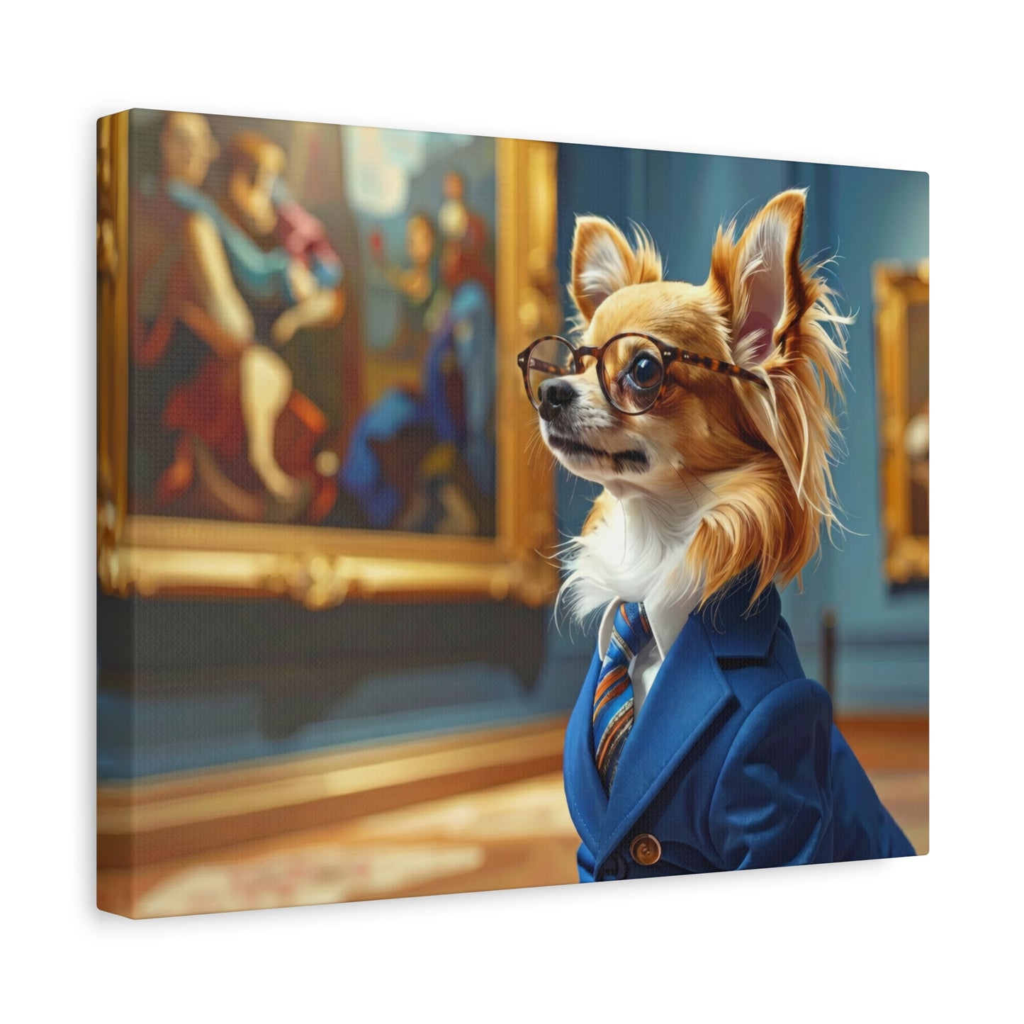 A Chihuahua in a suit and glasses looking at art.