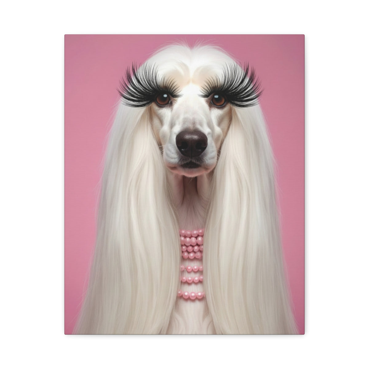 Glam Afghan Hound Canvas Print — Pink Portrait with Lashes & Pearls - Chunique Chihuahuas