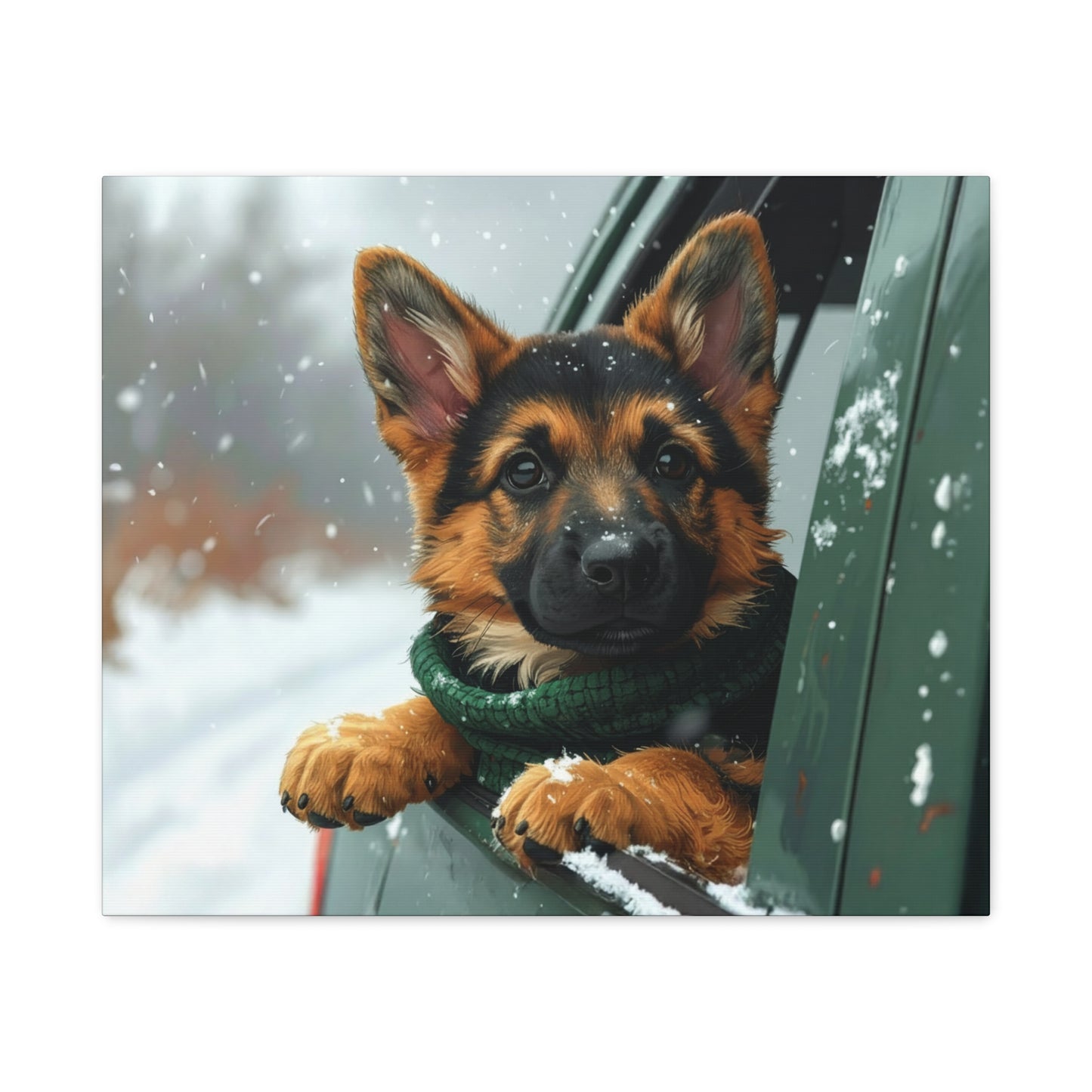 Dog wearing a green sweater looking out of a car window on a snowy day