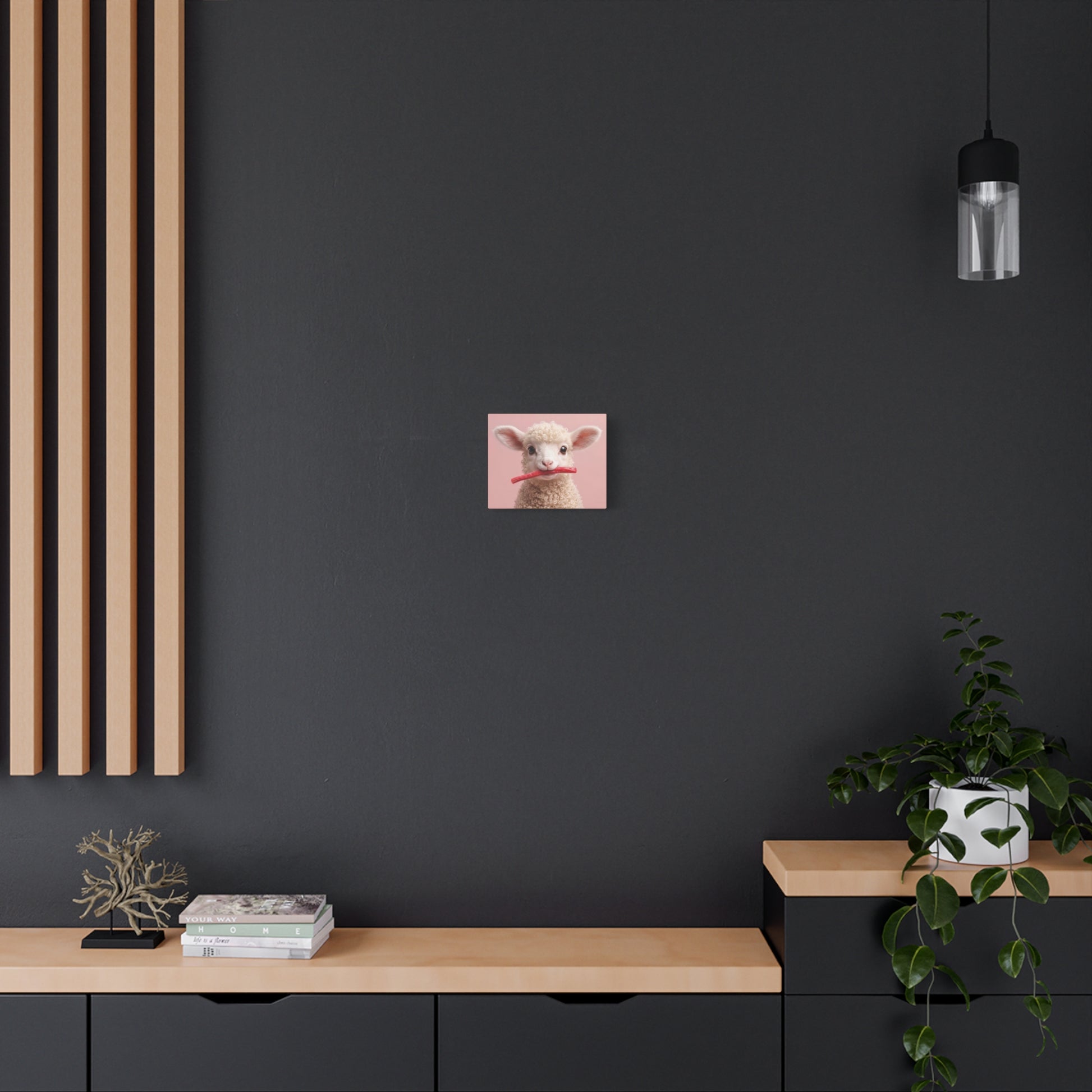 Cute Lamb Canvas Wall Art - Adorable Lamb with Red Candy on Pink Matte Stretched Canvas - Chunique Chihuahuas