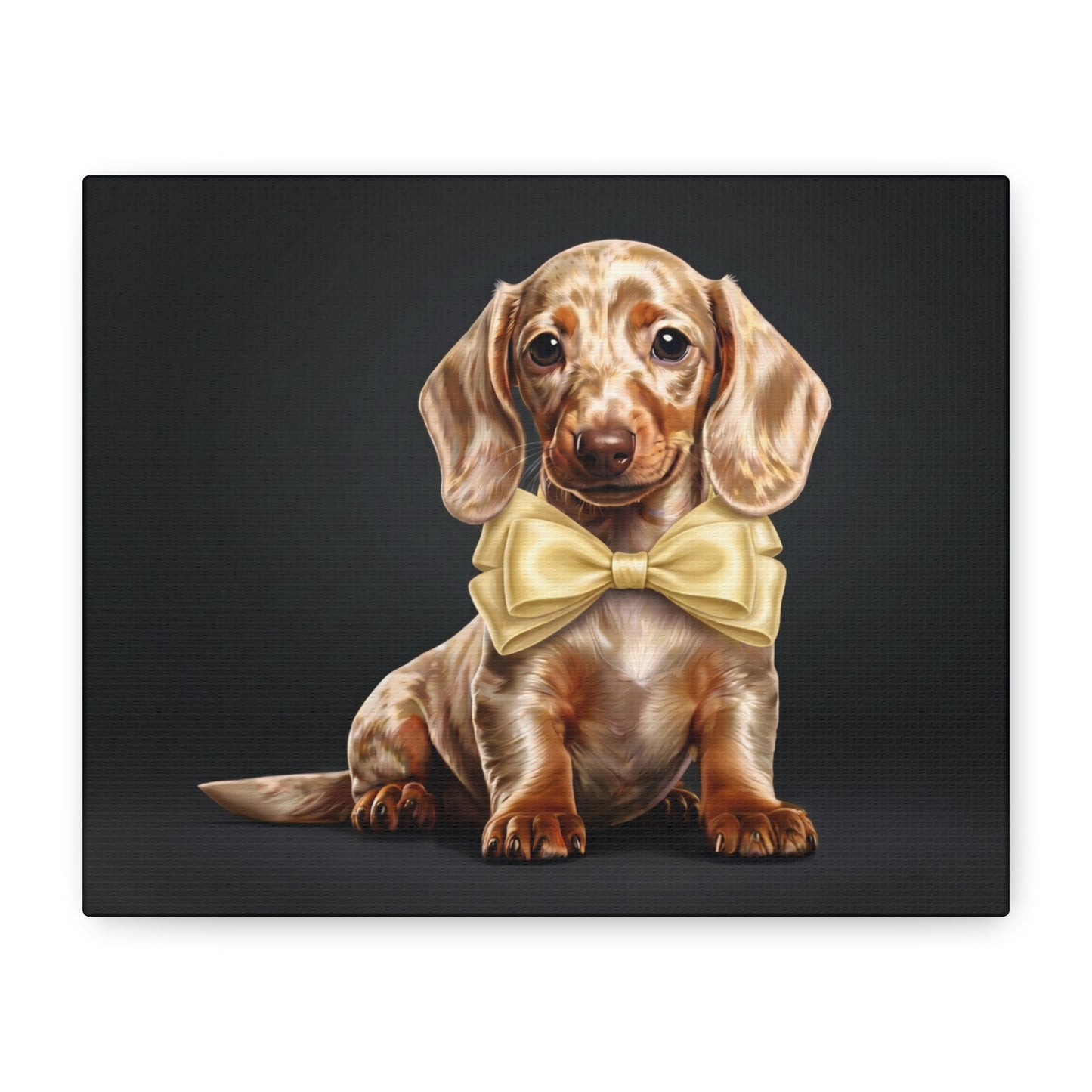 Dachshund puppy wearing a yellow bow tie on a black background