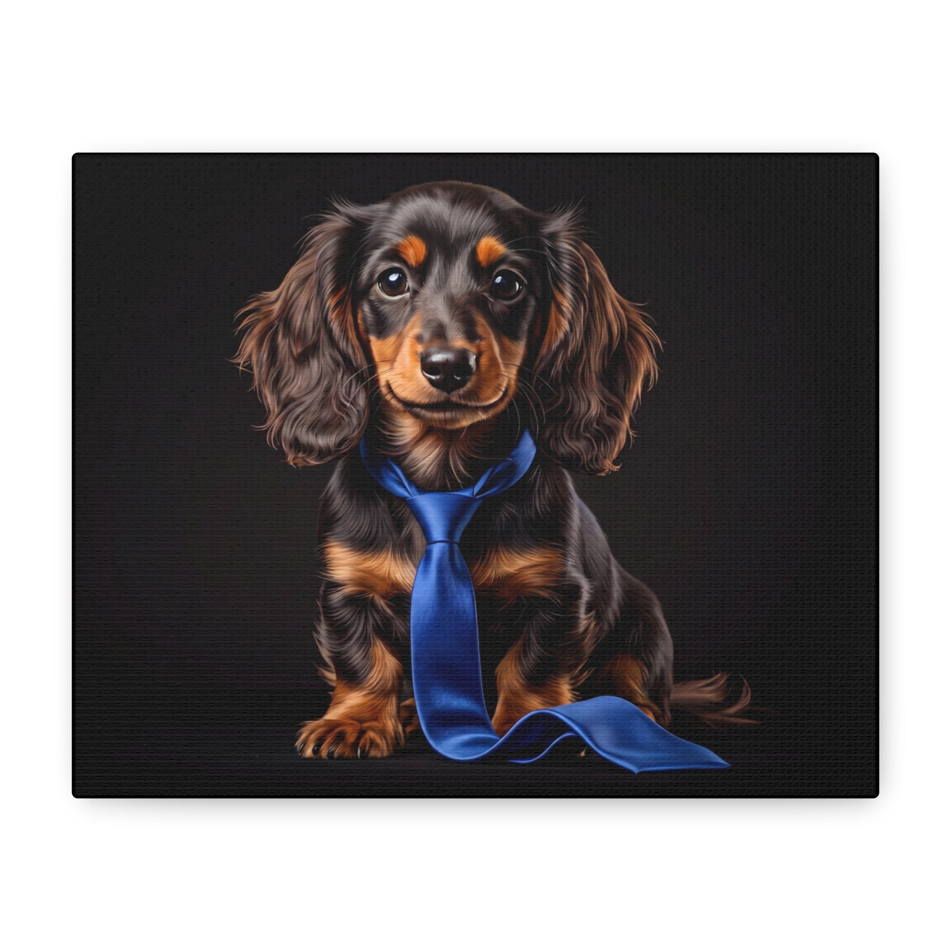 Dachshund wearing a blue tie on a black background