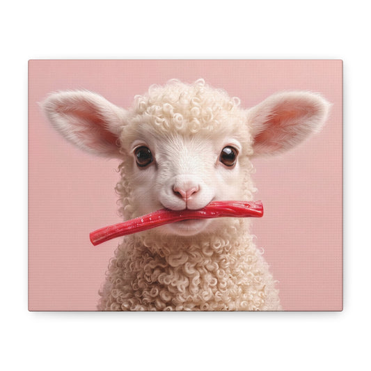 Cute Lamb Canvas Wall Art - Adorable Lamb with Red Candy on Pink Matte Stretched Canvas - Chunique Chihuahuas