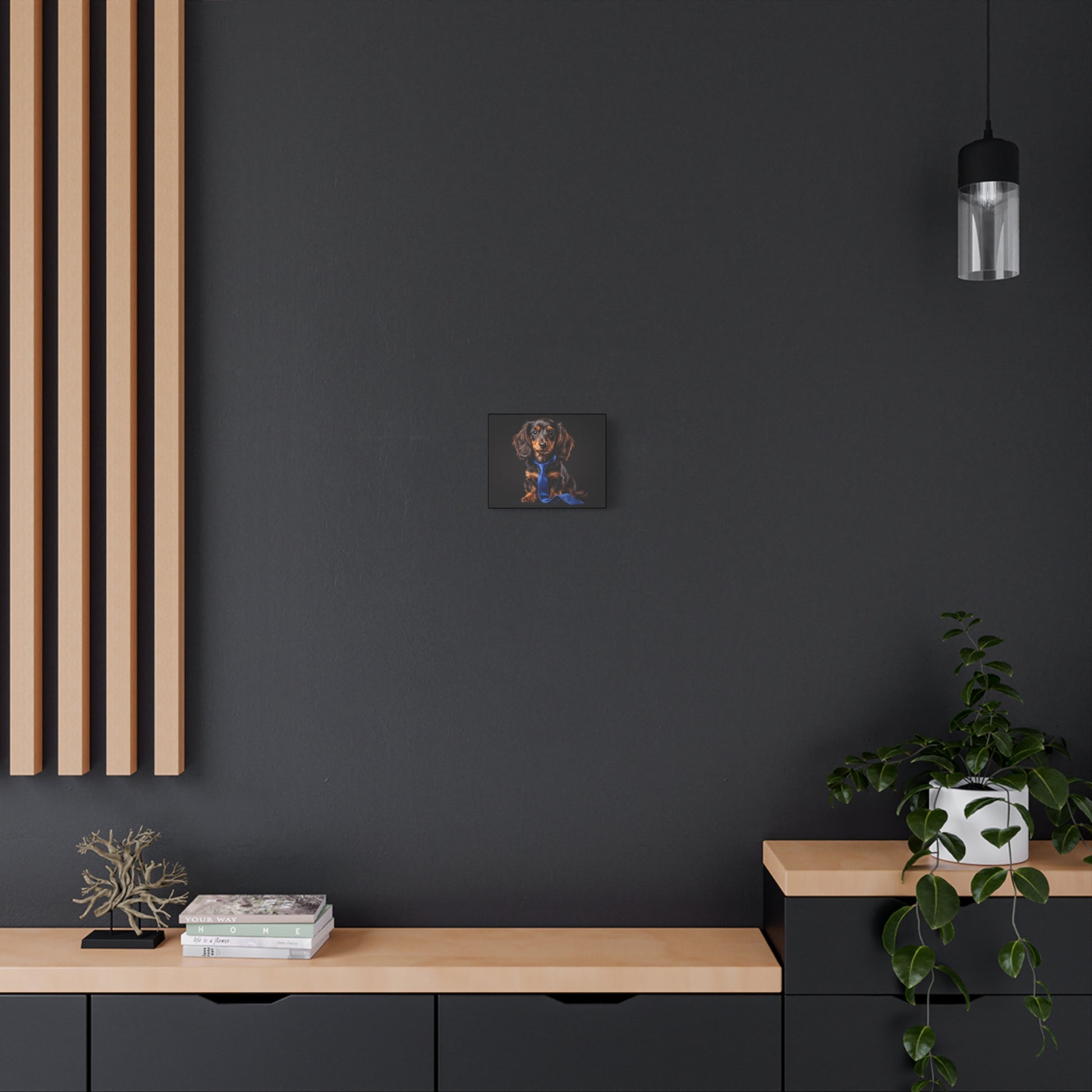 Modern interior with a dark wall, wooden shelf, and decorative items.