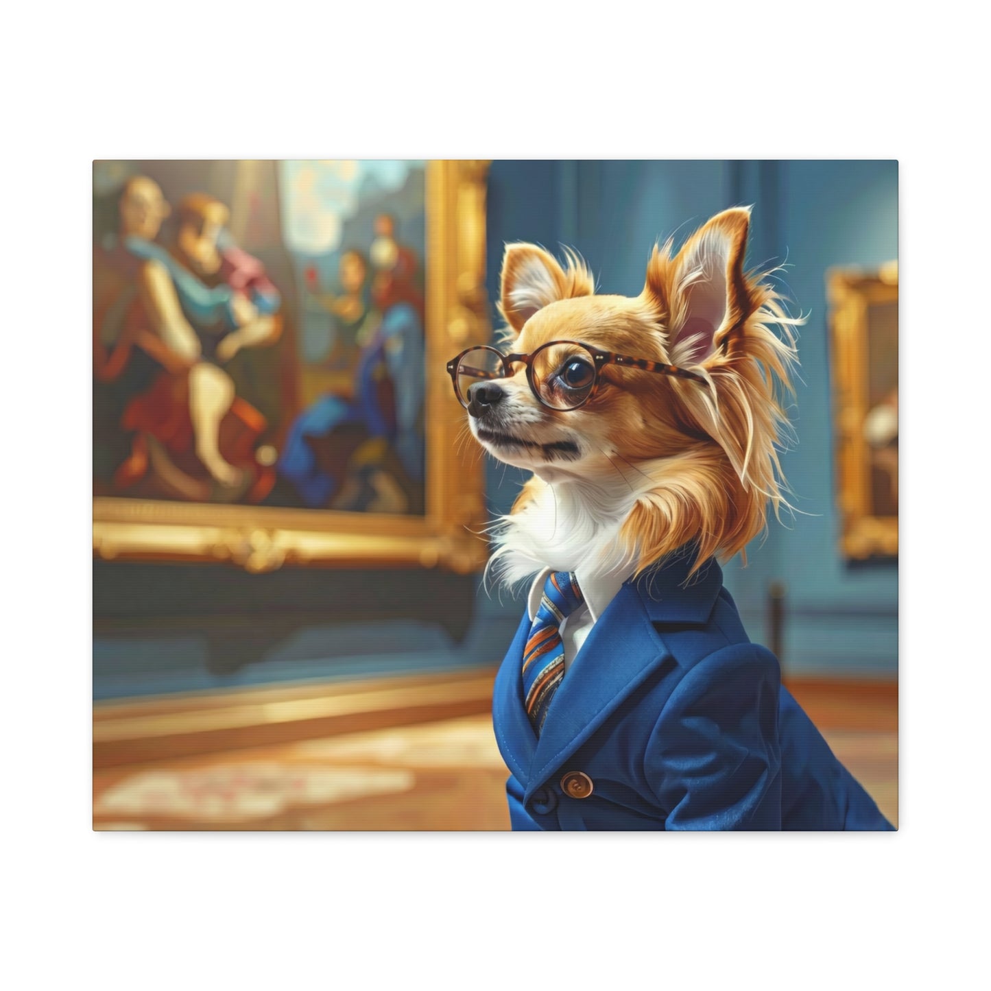 A Chihuahua in a suit and glasses looking at art.