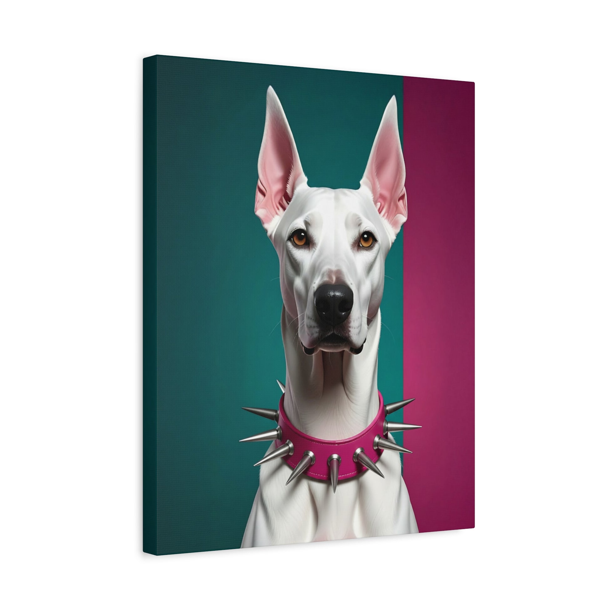 Canvas print of a white dog with a pink spiked collar on a green and purple gradient background