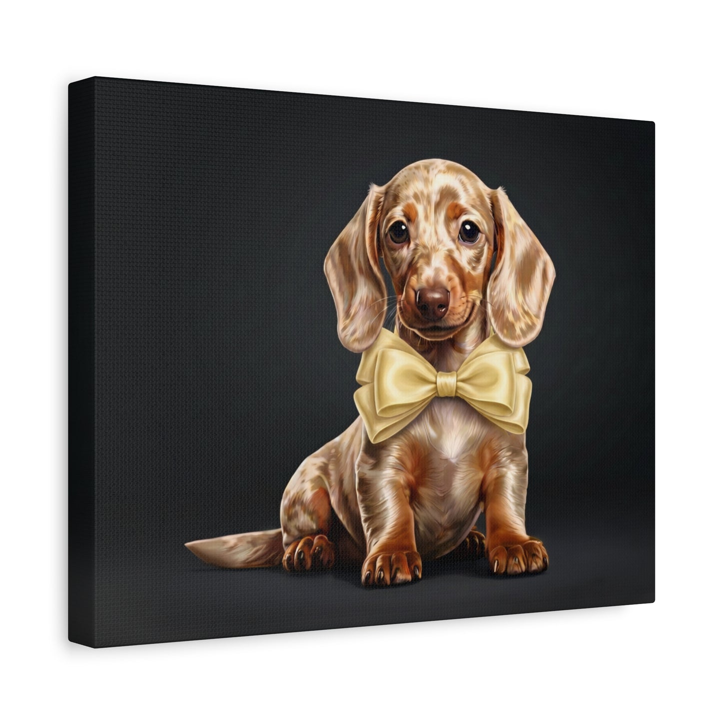 Canvas print of a dachshund wearing a yellow bow tie on a black background