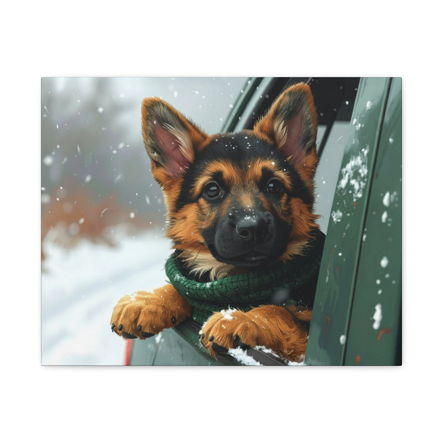 Dog wearing a green sweater looking out of a car window on a snowy day