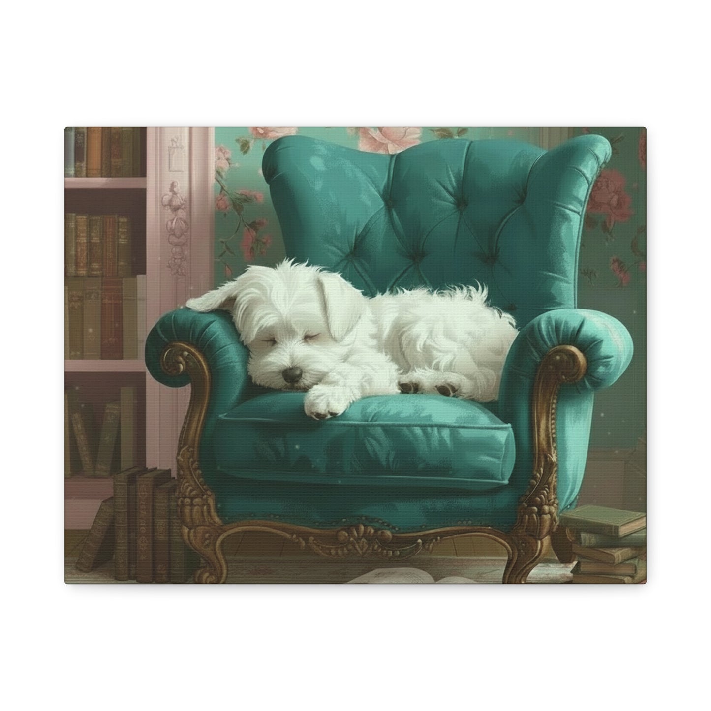 White dog lying on a teal armchair in a vintage room with bookshelf and floral wallpaper.
