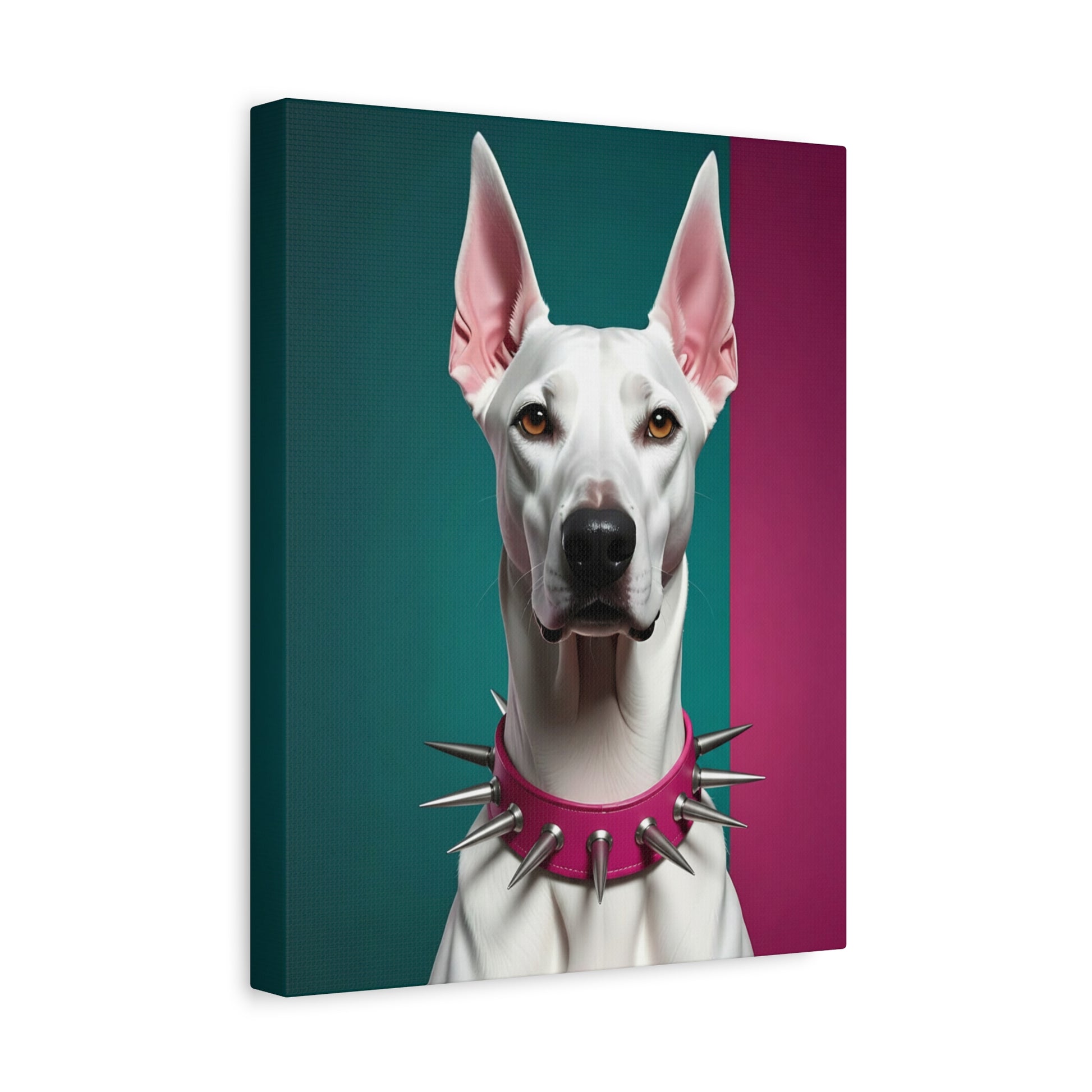 Canvas print of a dog with a pink collar on a green and purple gradient background
