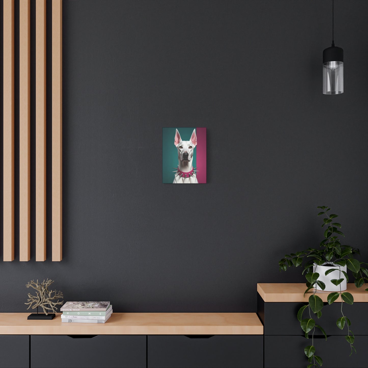 Framed motivational poster on a dark wall with wooden shelves and decor.