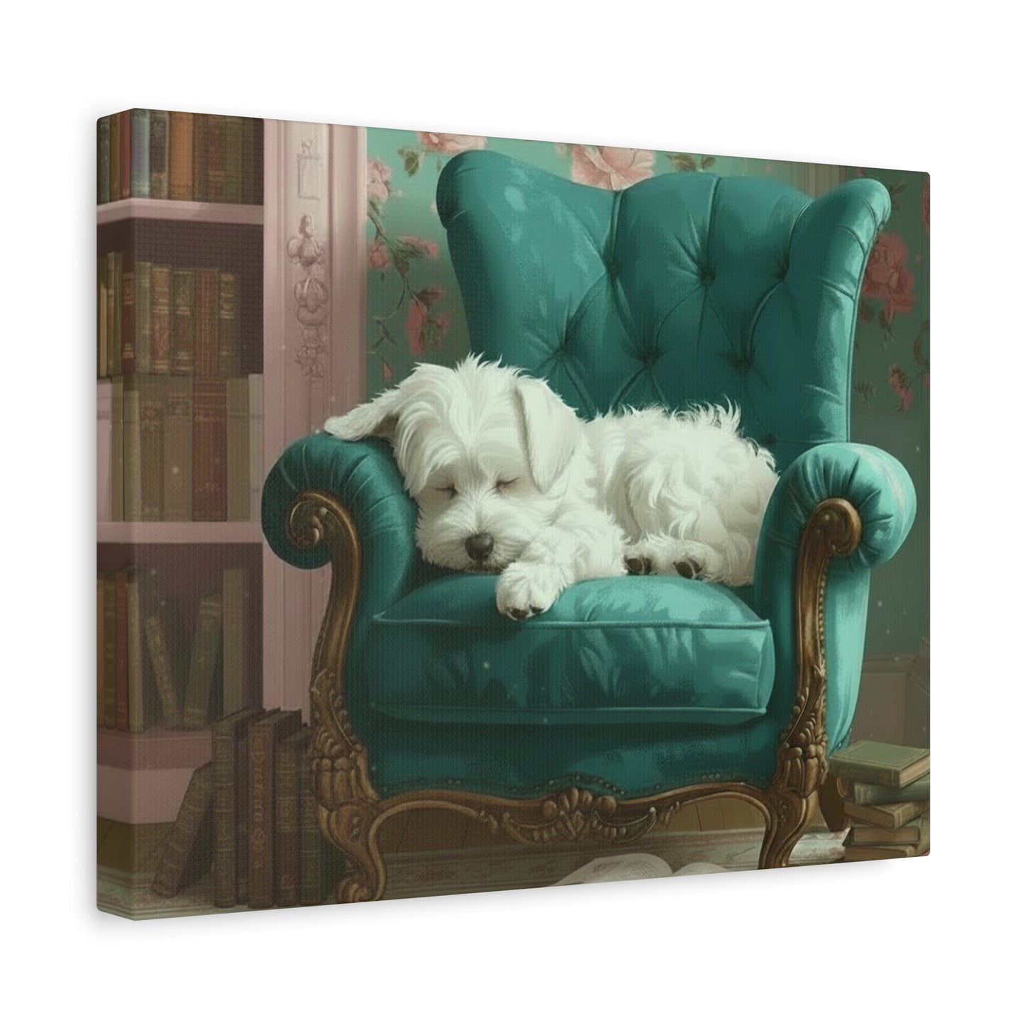 White dog lying on a teal armchair in a room with books and decorative elements.