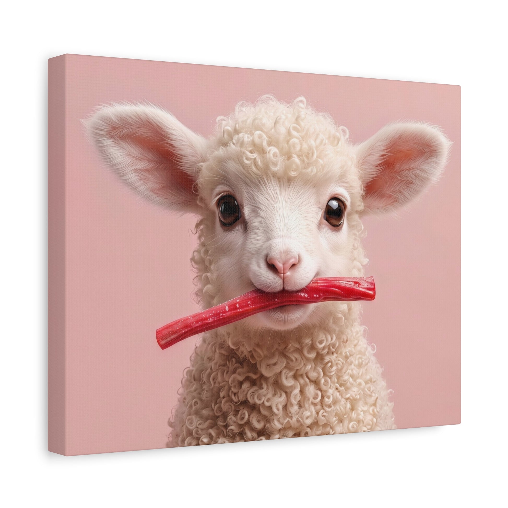 Cute Lamb Canvas Wall Art - Adorable Lamb with Red Candy on Pink Matte Stretched Canvas - Chunique Chihuahuas