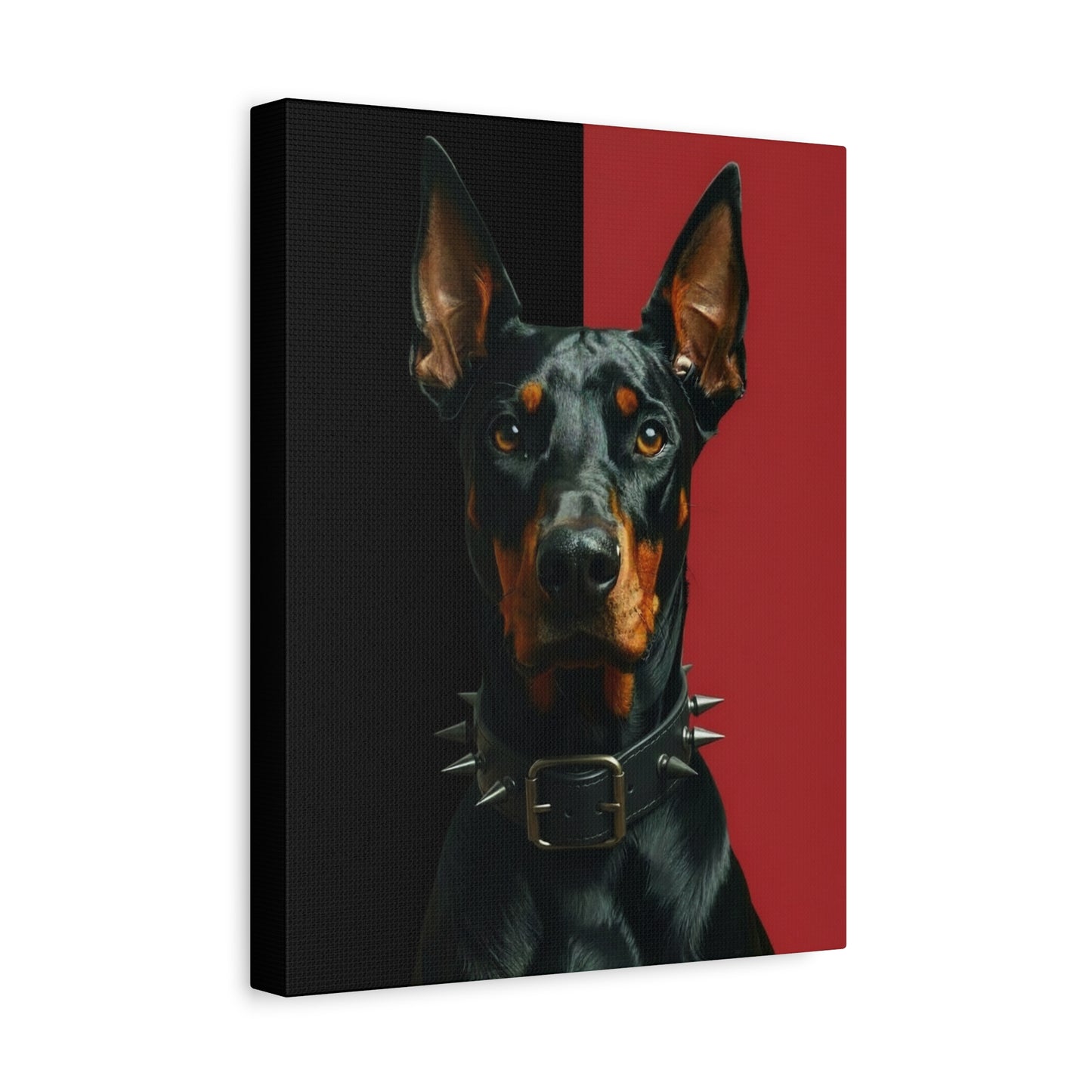 Canvas print of a Doberman dog with a black and red background