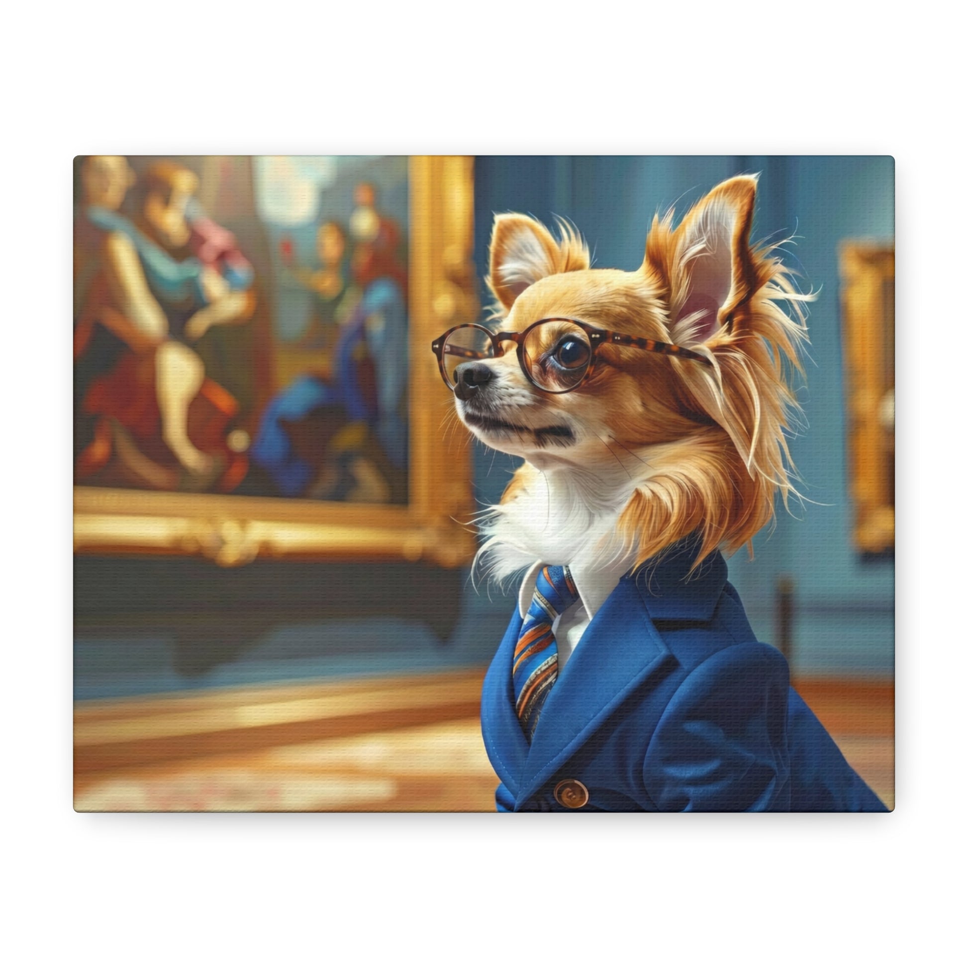 A Chihuahua in a suit and glasses looking at art.