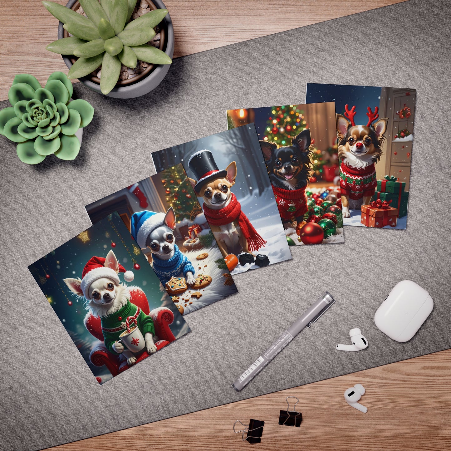 Christmas Chihuahua Greeting Cards — 5-Pack Holiday Dog Cards (Santa, Reindeer, Winter Scenes)