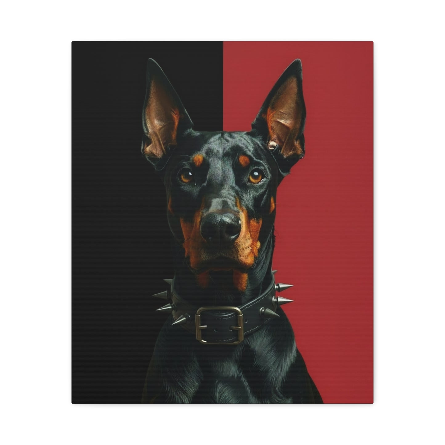 Doberman Pinscher with a spiked collar on a black and red background