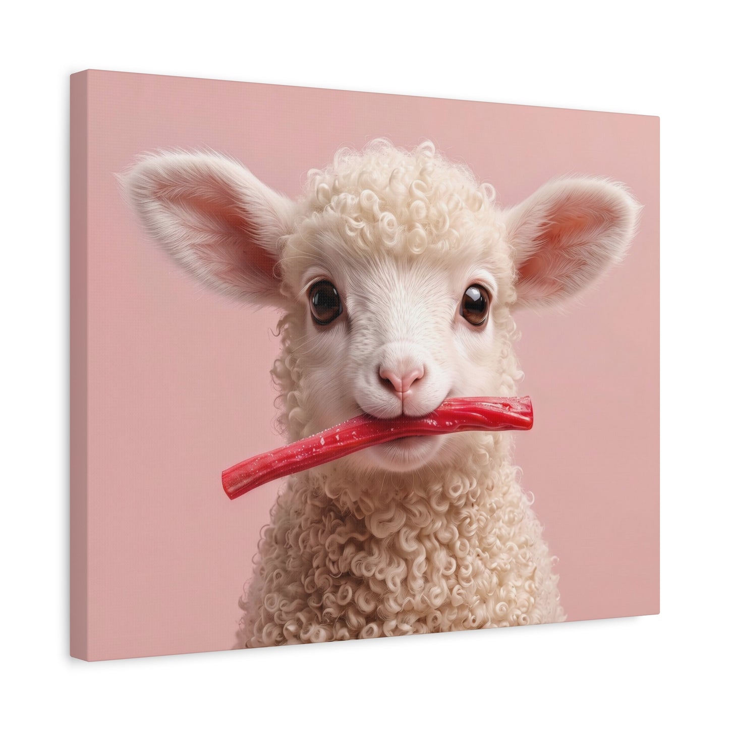 Cute Lamb Canvas Wall Art - Adorable Lamb with Red Candy on Pink Matte Stretched Canvas - Chunique Chihuahuas